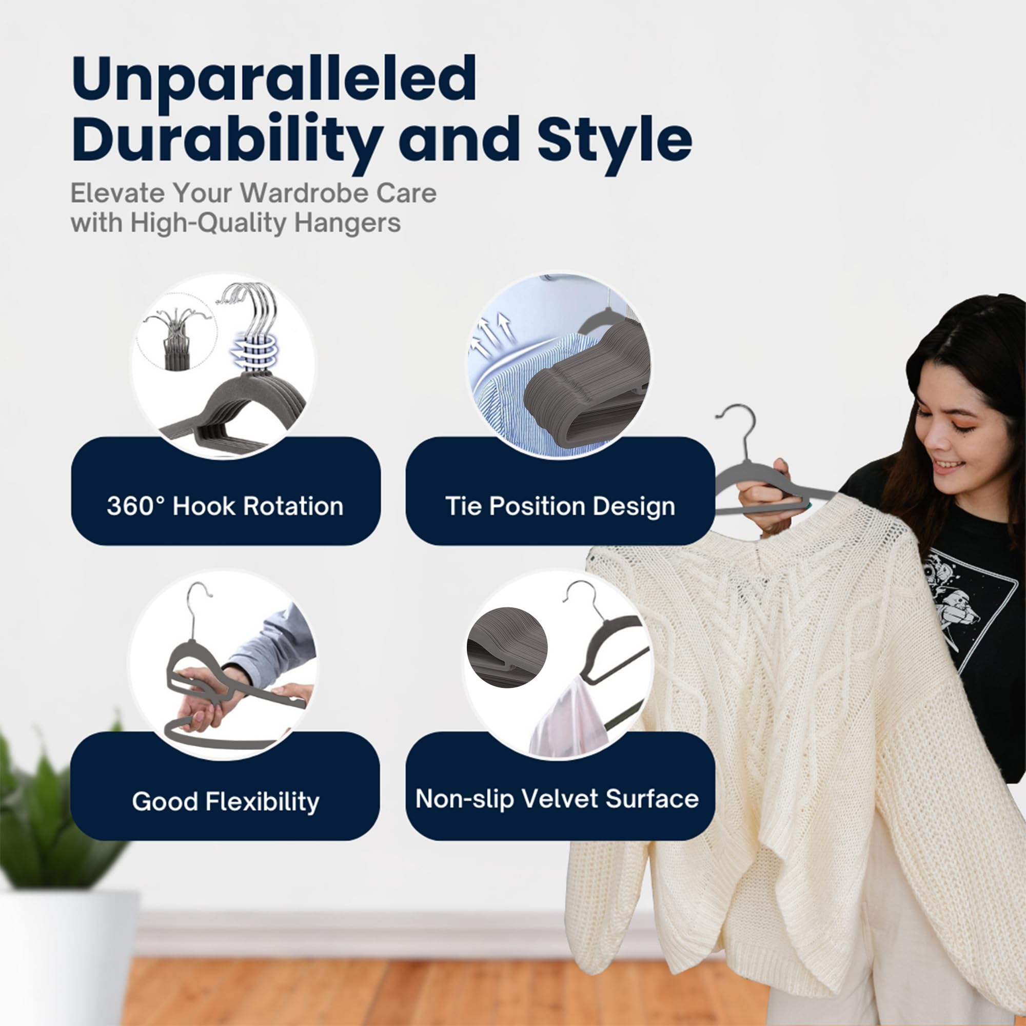Sasha Morel Velvet Coat Hangers - 50 Pack Space Saving Non-Slip Hangers with Swivel Hooks | Grey 6