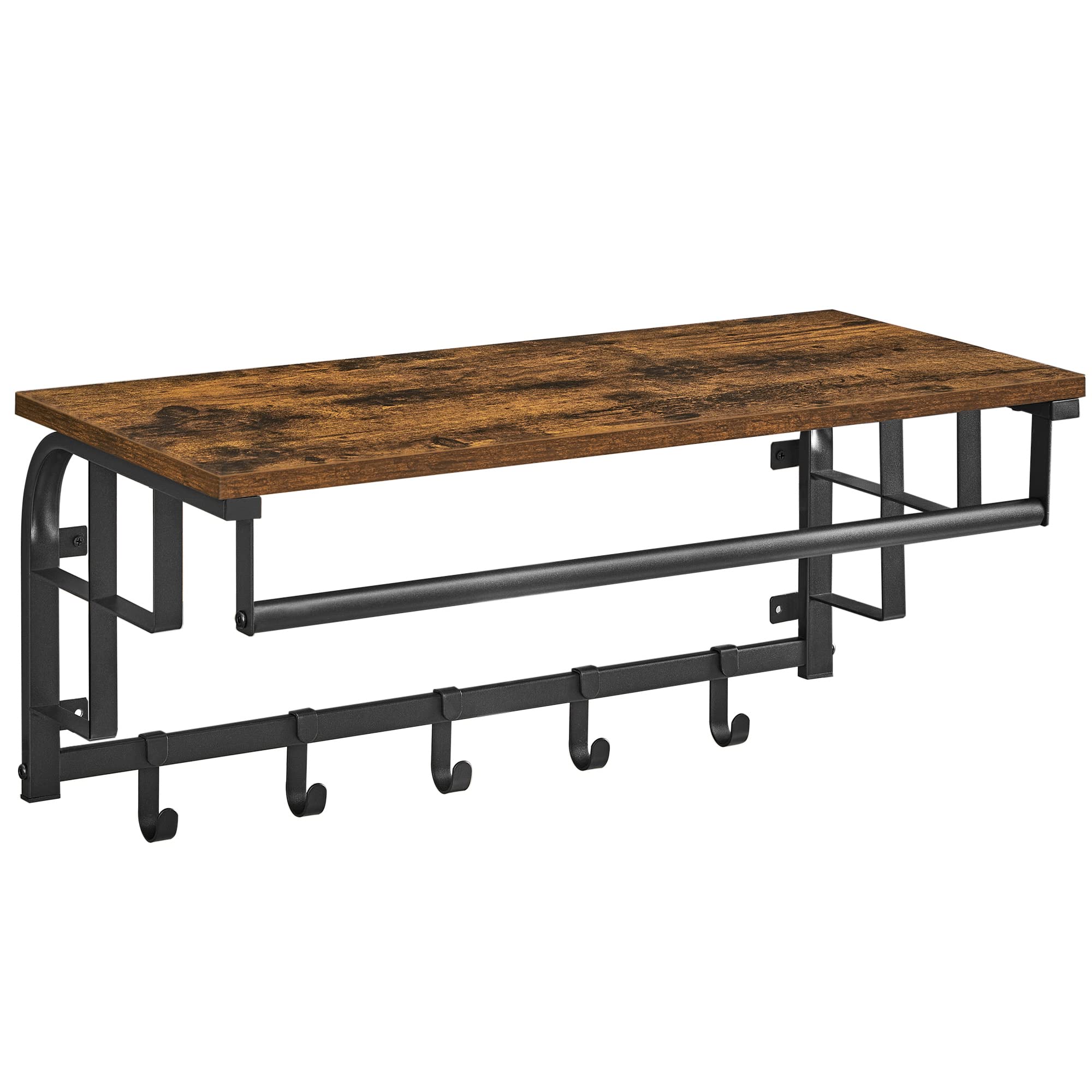 VASAGLE Wall Coat Rack with Shelf, Rod, and 5 Hooks | Rustic Brown + Black | 15kg Shelf Capacity