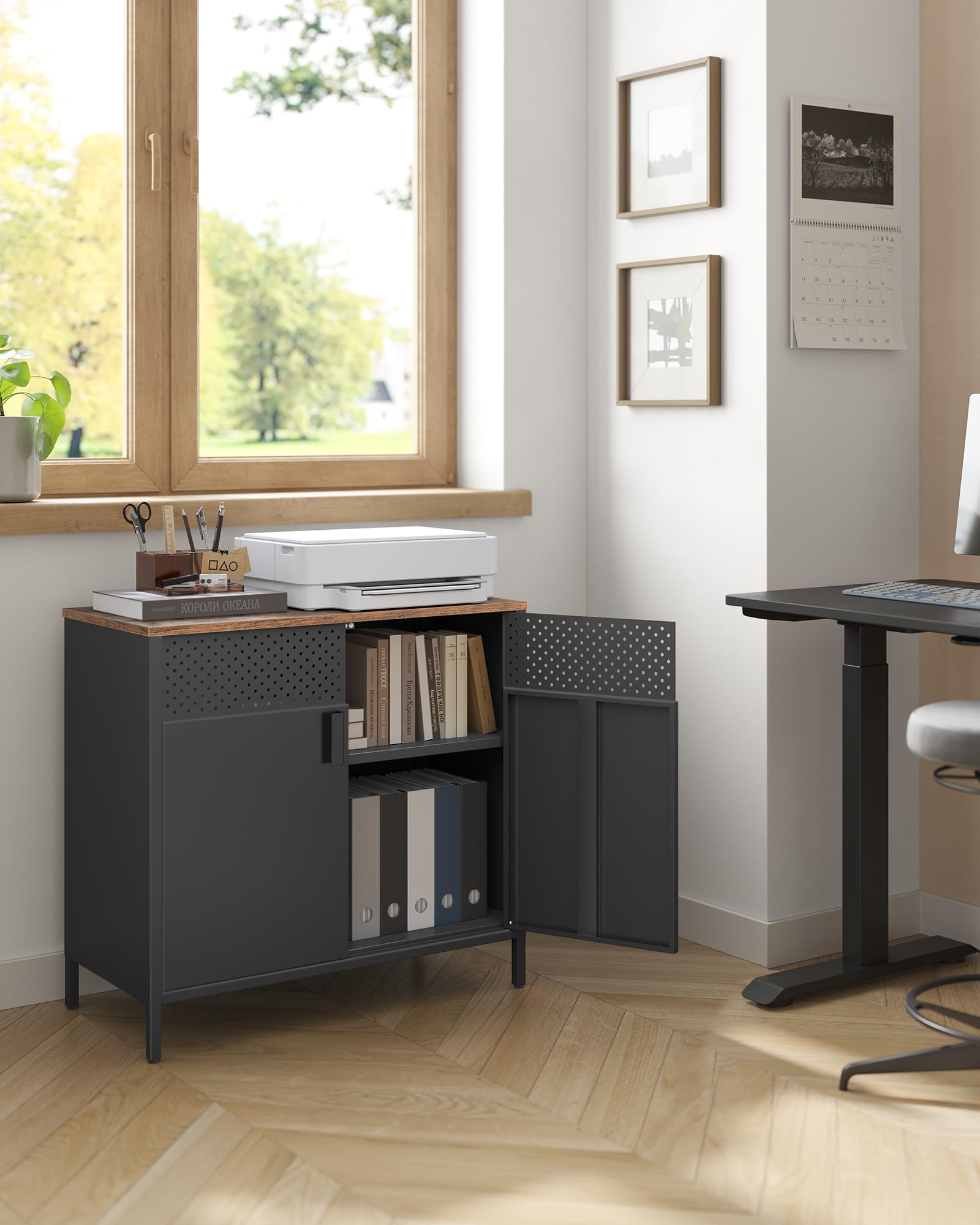 SONGMICS Storage Cabinet - Rustic Brown/Black Metal Cabinet with Adjustable Shelf | 80W cm