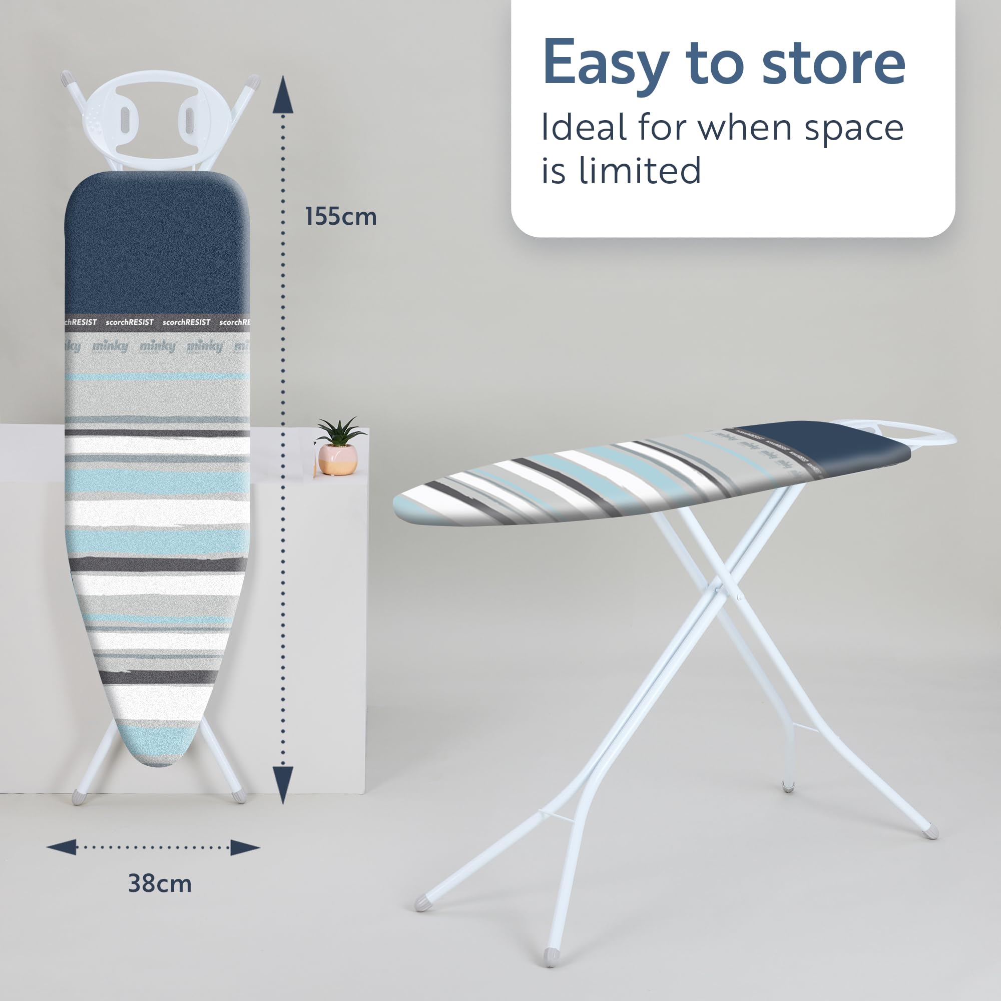 Minky Large Premium Ironing Board - 122 x 38cm Surface | Multi-Height up to 96cm | UK Made 9