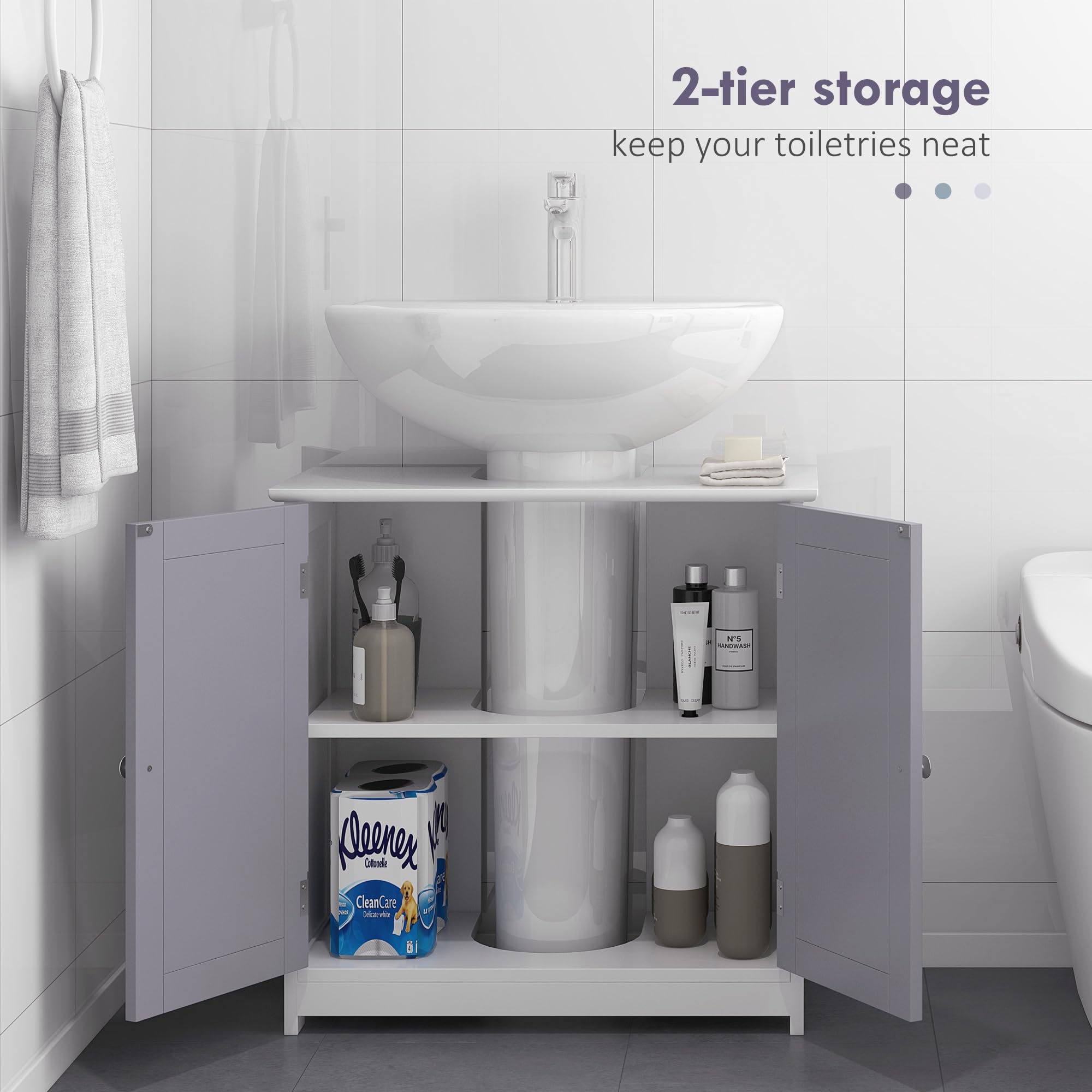 kleankin Freestanding Under Sink Bathroom Cabinet - 60H x 60L x 30Wcm | MDF | White/Grey 5