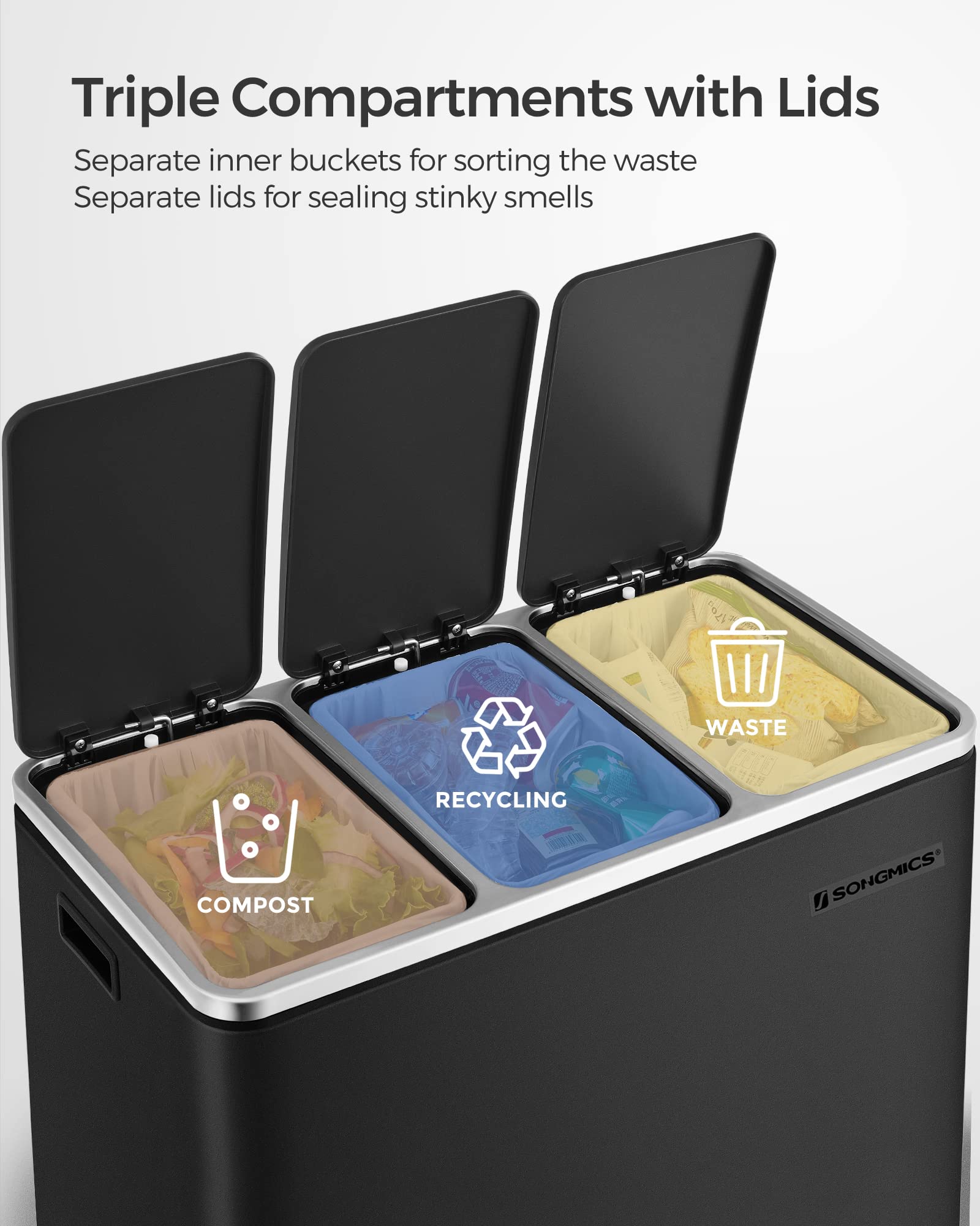 SONGMICS Kitchen Bin - 3 Compartment Recycling System, 54L Total (3 x 18L) | Soft-Close Lids | Steel 3