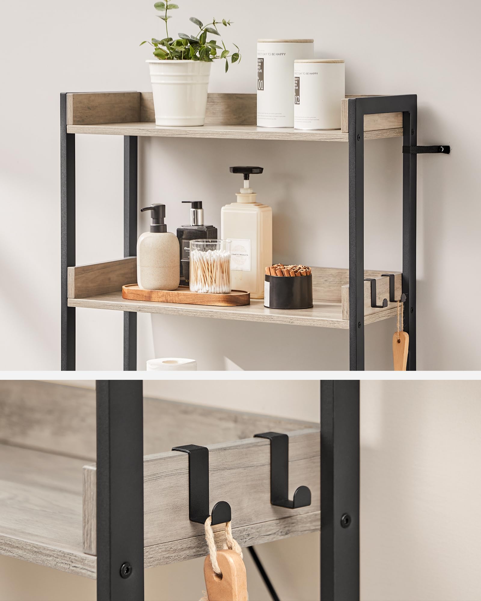 VASAGLE 3-Tier Over The Toilet Storage Rack - Space Saving, Industrial Style, Greige & Black | BTS002B02 6