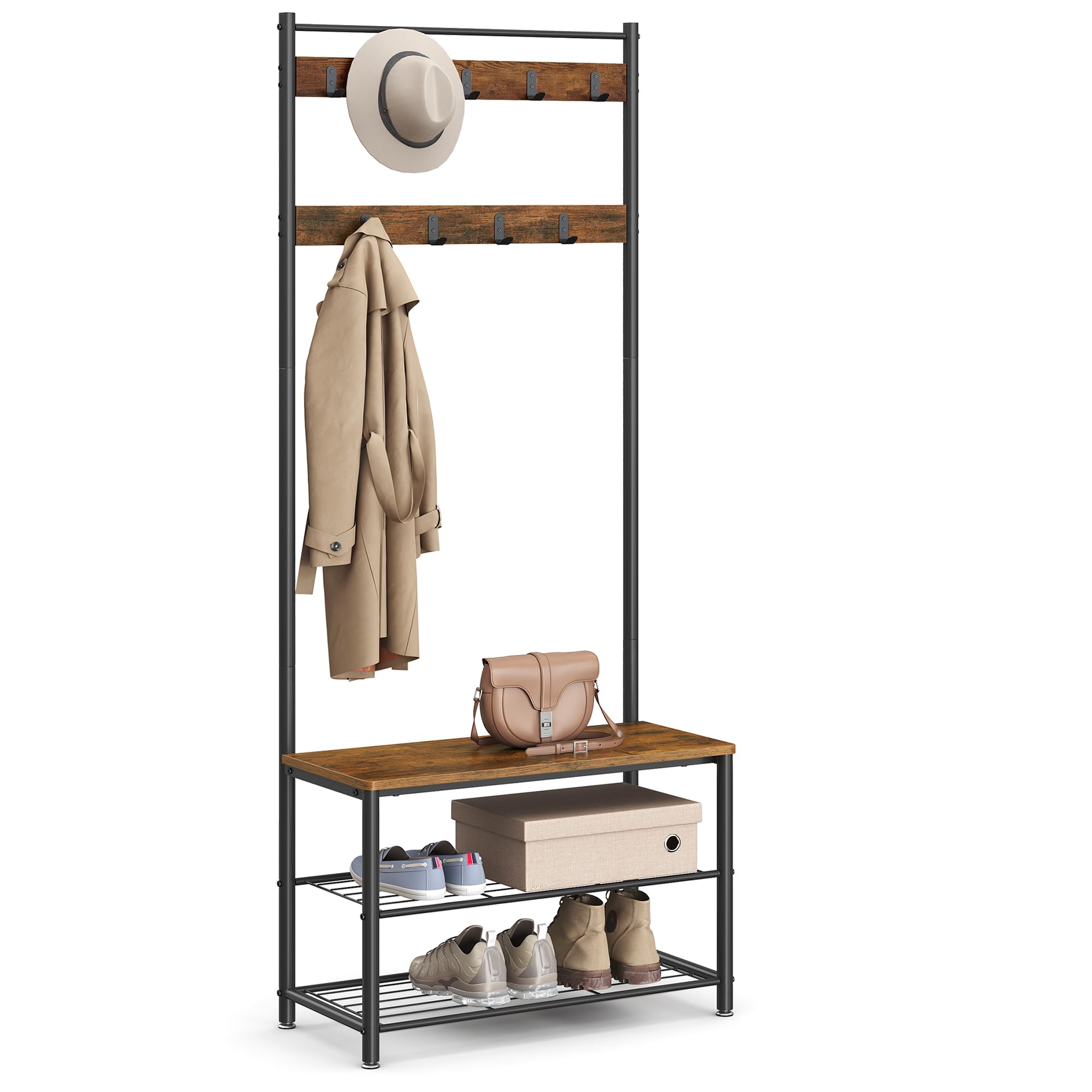 VASAGLE Hallway Coat Rack with Bench and Shoe Storage | 9 Hooks | Rustic Brown + Black