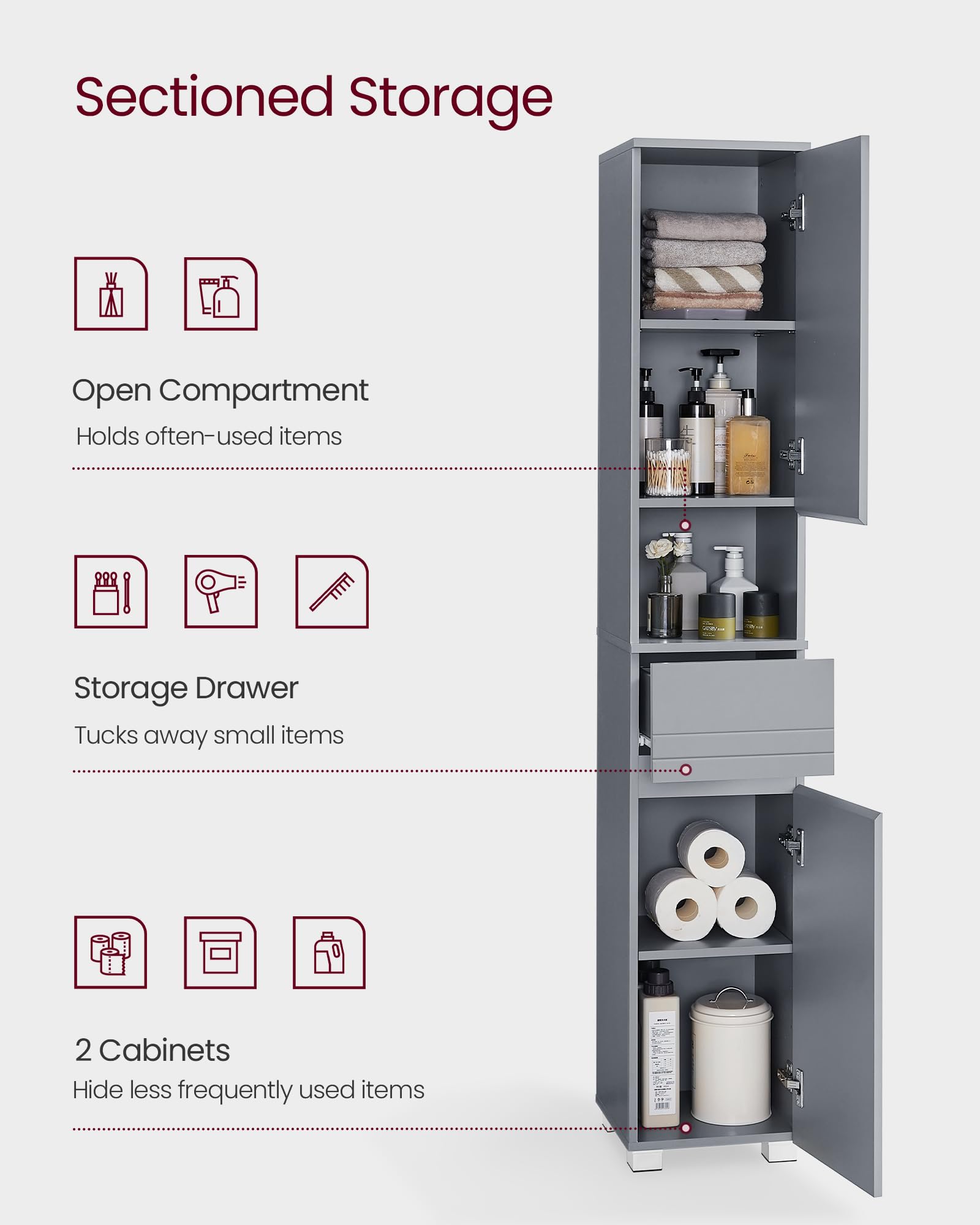 VASAGLE Tall Bathroom Cabinet - Slim Storage | Mystic Grey | 30x30x170 cm 4