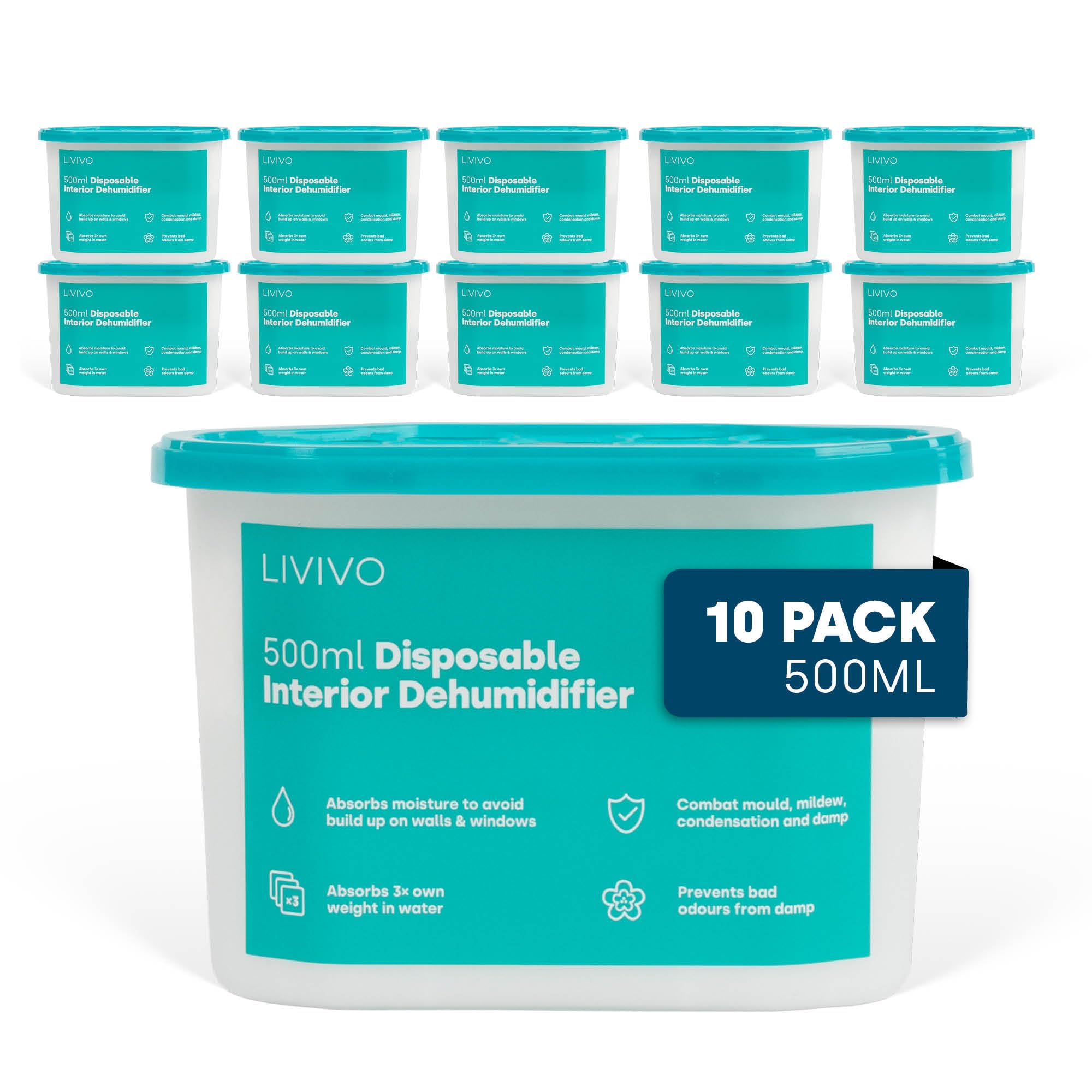 LIVIVO Disposable Dehumidifiers - 500ml Capacity, 10 Pack | Calcium Chloride Moisture Absorber 1