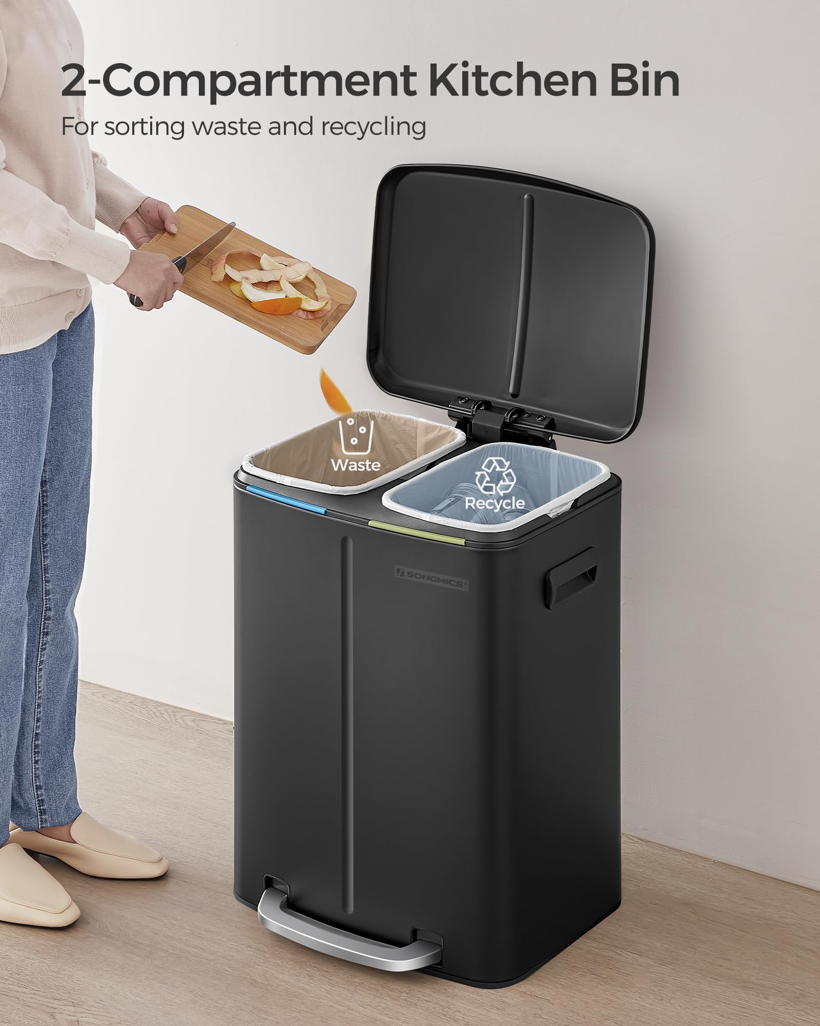 SONGMICS Kitchen Bin with Two 20L Inner Buckets | Rust-Resistant Steel | Soft-Close Lid 3