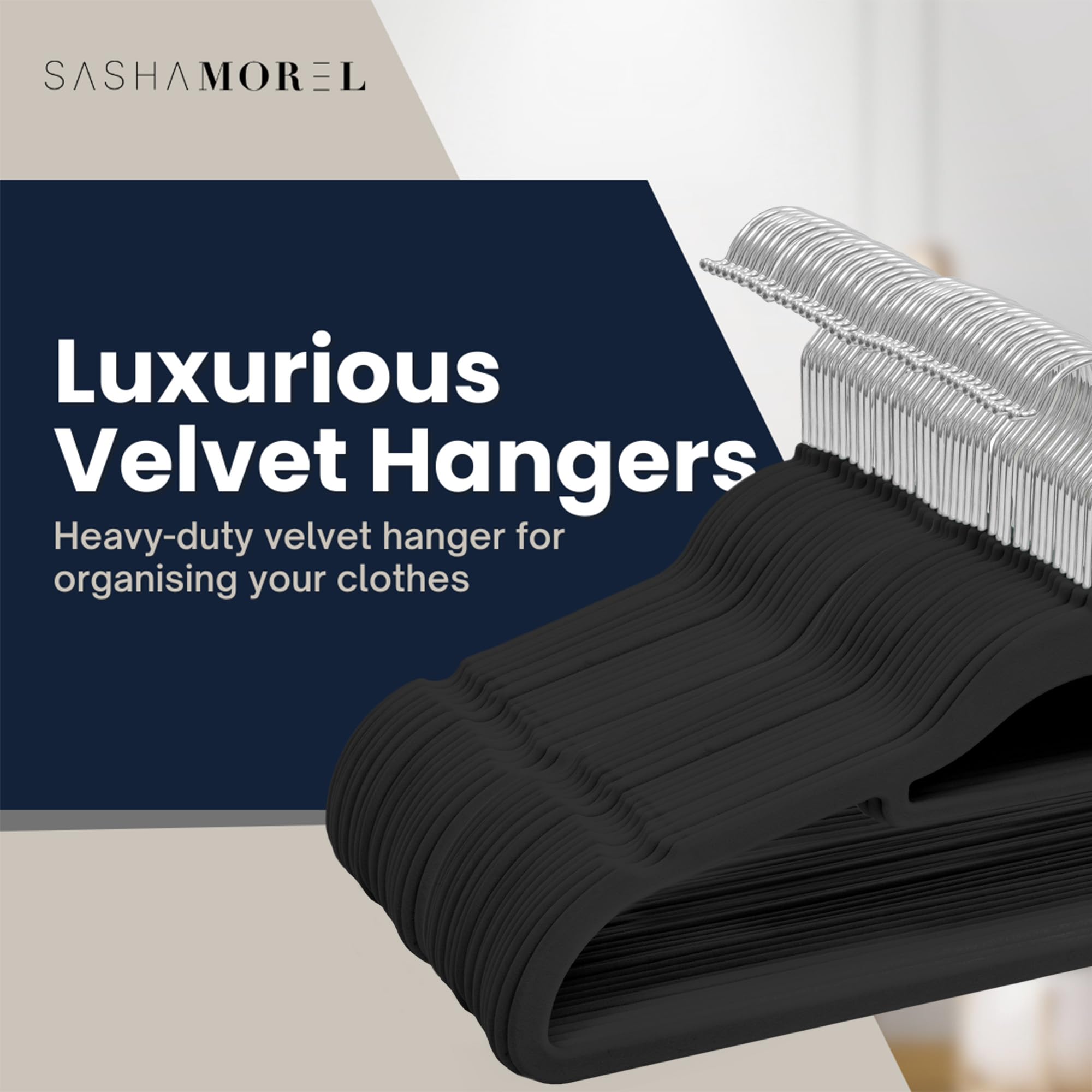 Sasha Morel Velvet Hangers - 50 Pack Non-Slip Space Saving Coat Hangers with Swivel Hooks - Black 2