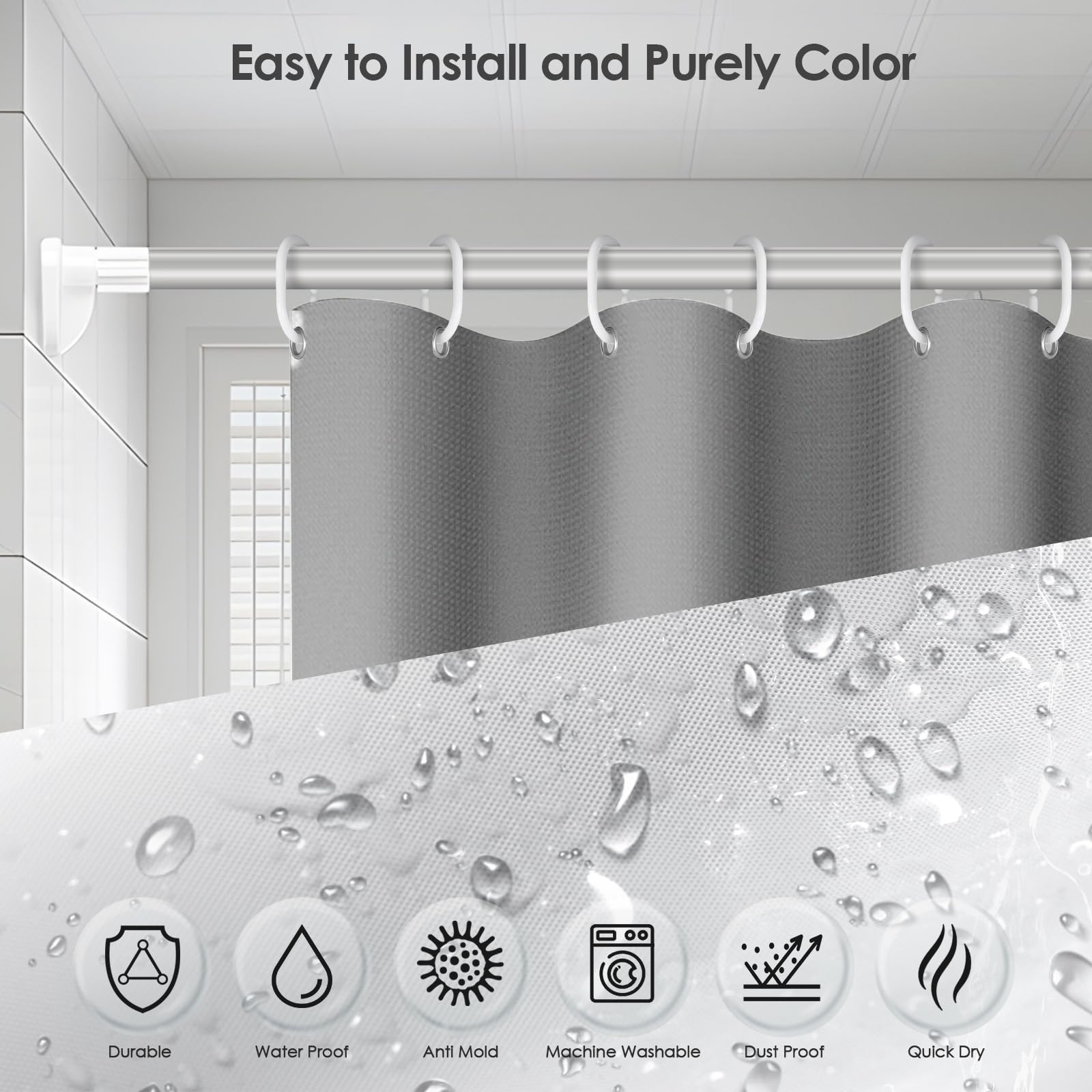 Vinabo Grey PEVA Shower Curtain - 180 x 200 cm Waterproof & Quick Drying | Includes 12 Hooks 5