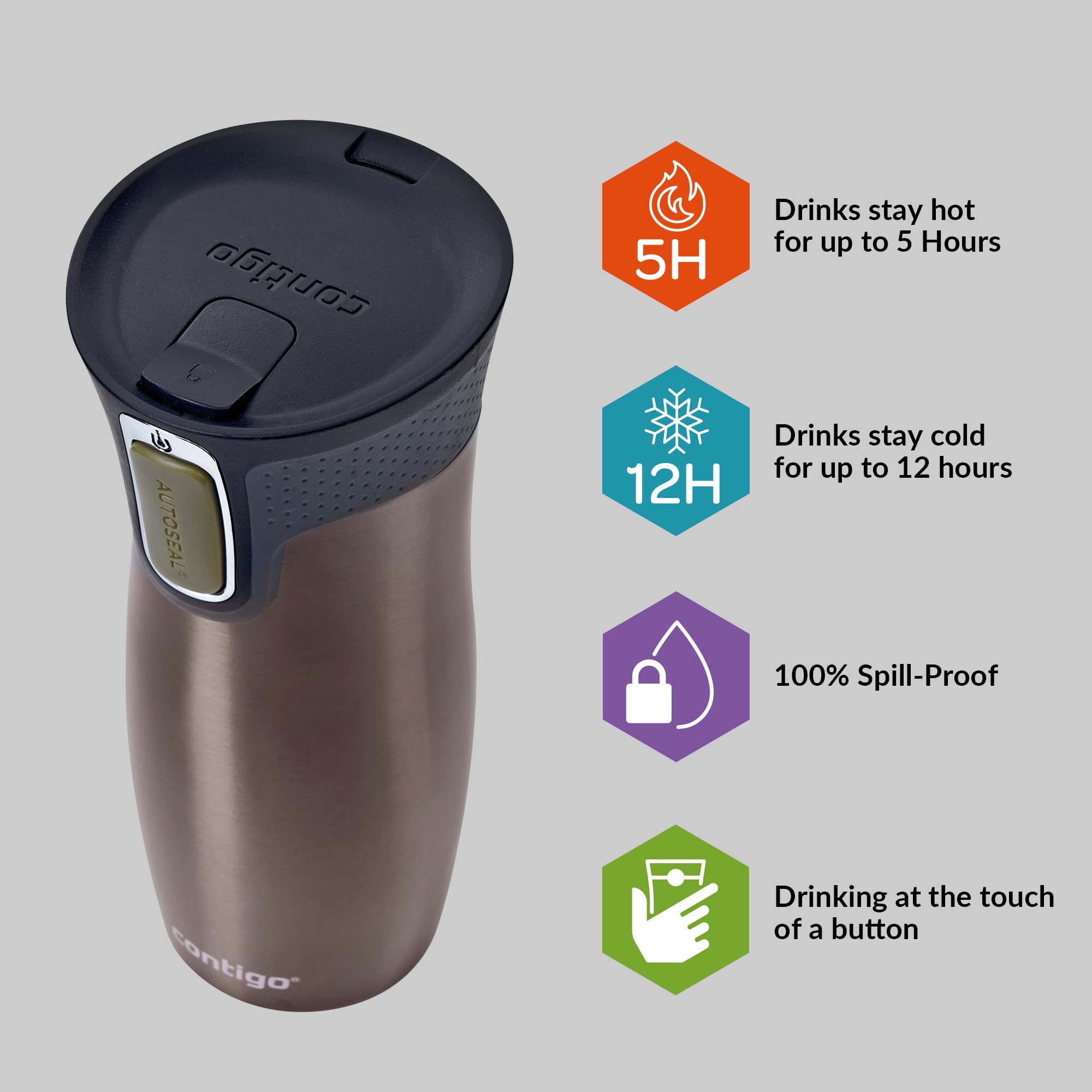 Contigo West Loop AutoSeal Travel Mug - 470 ml Leakproof Tumbler | Stainless Steel | Keeps Cold 12 Hrs