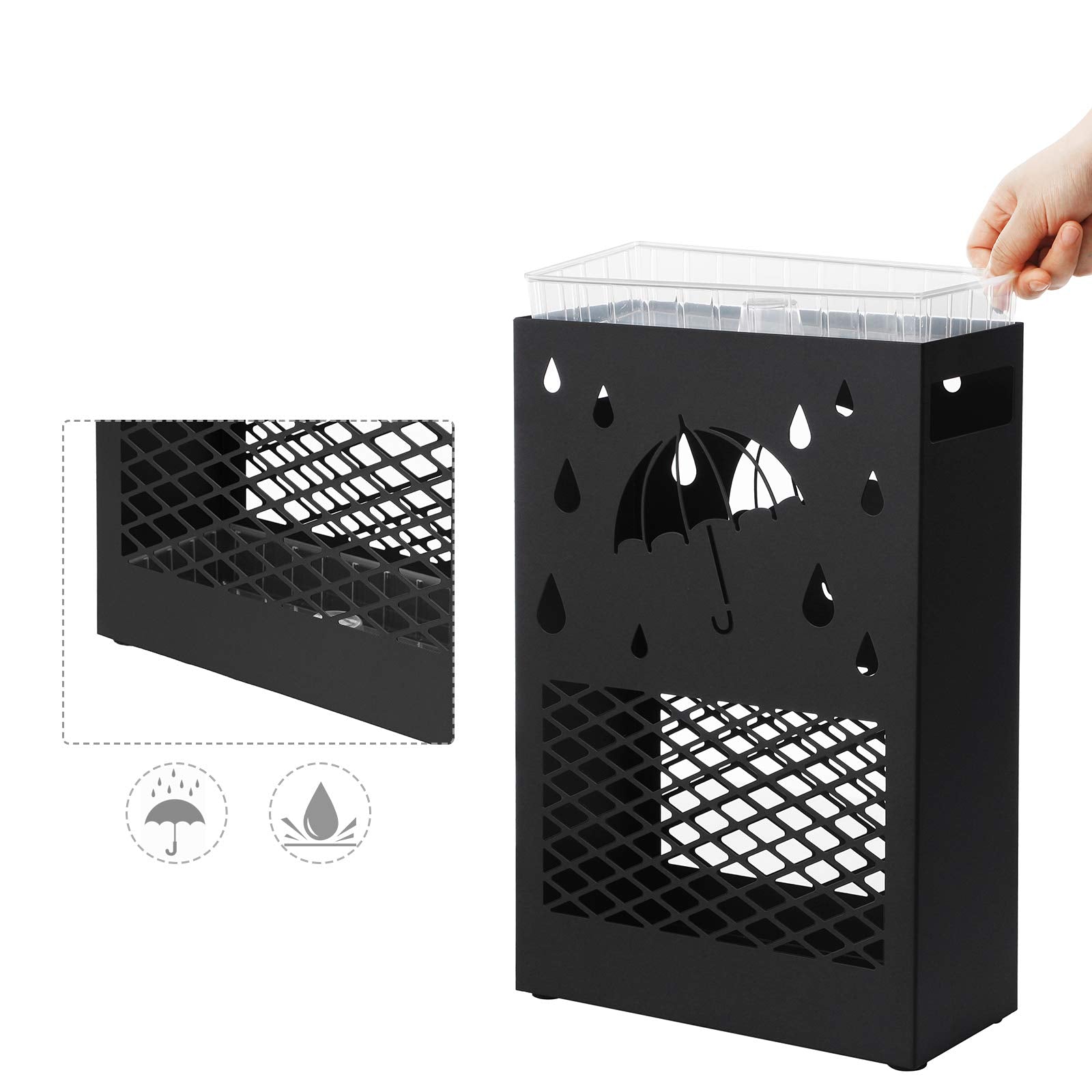 SONGMICS Metal Umbrella Stand - Rectangular Holder with 4 Hooks & Removable Drip Tray | Black 6