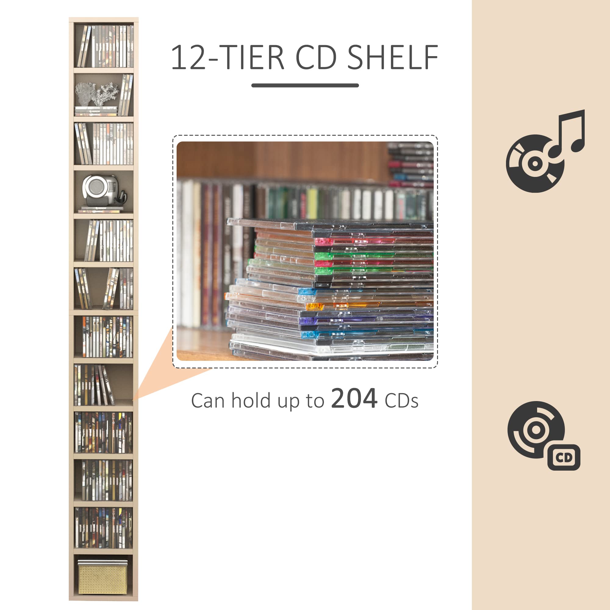 HOMCOM CD/DVD Storage Tower - 12 Cubes, 204 Capacity, 175cm Tall | Pine Wood Colour 3