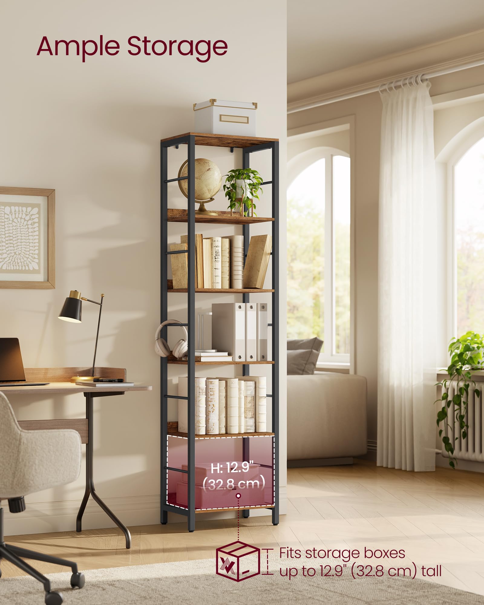 VASAGLE 6-Tier Bookcase - Rustic Brown/Ink Black | 30x40x178 cm | Heavy Duty Steel Frame 4