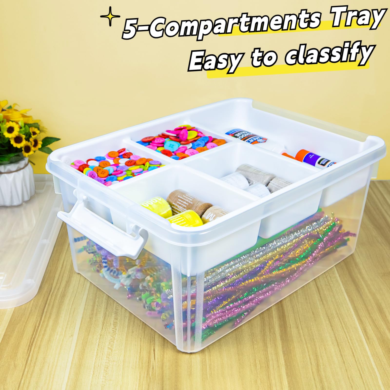 Creahaus 16L Storage Box with Removable 5-Compartment Tray | Stackable, White Plastic