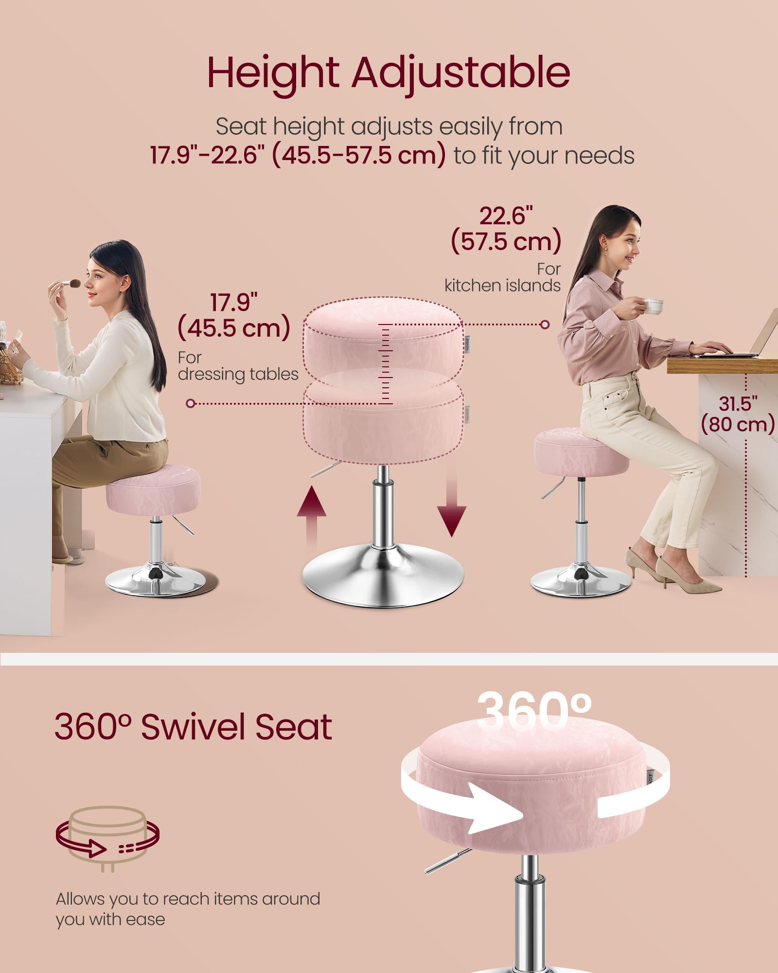 VASAGLE Height Adjustable Makeup Vanity Stool | Jelly Pink PU Leather | 45.5-57.5 cm Height Range 6