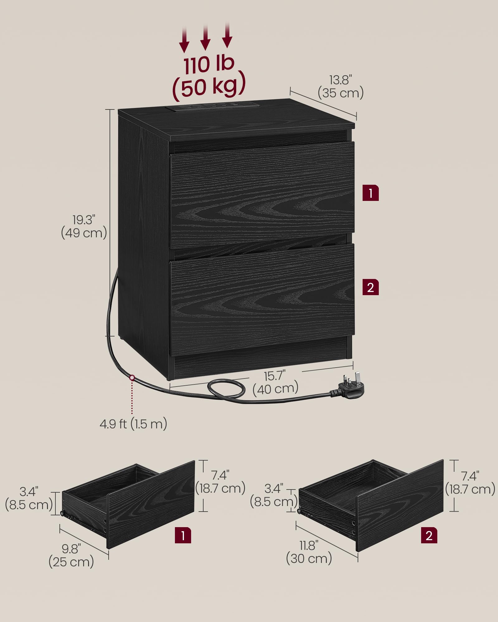 VASAGLE KAILYN Nightstand with Charging Station | 2 Drawers | Ebony Black 2