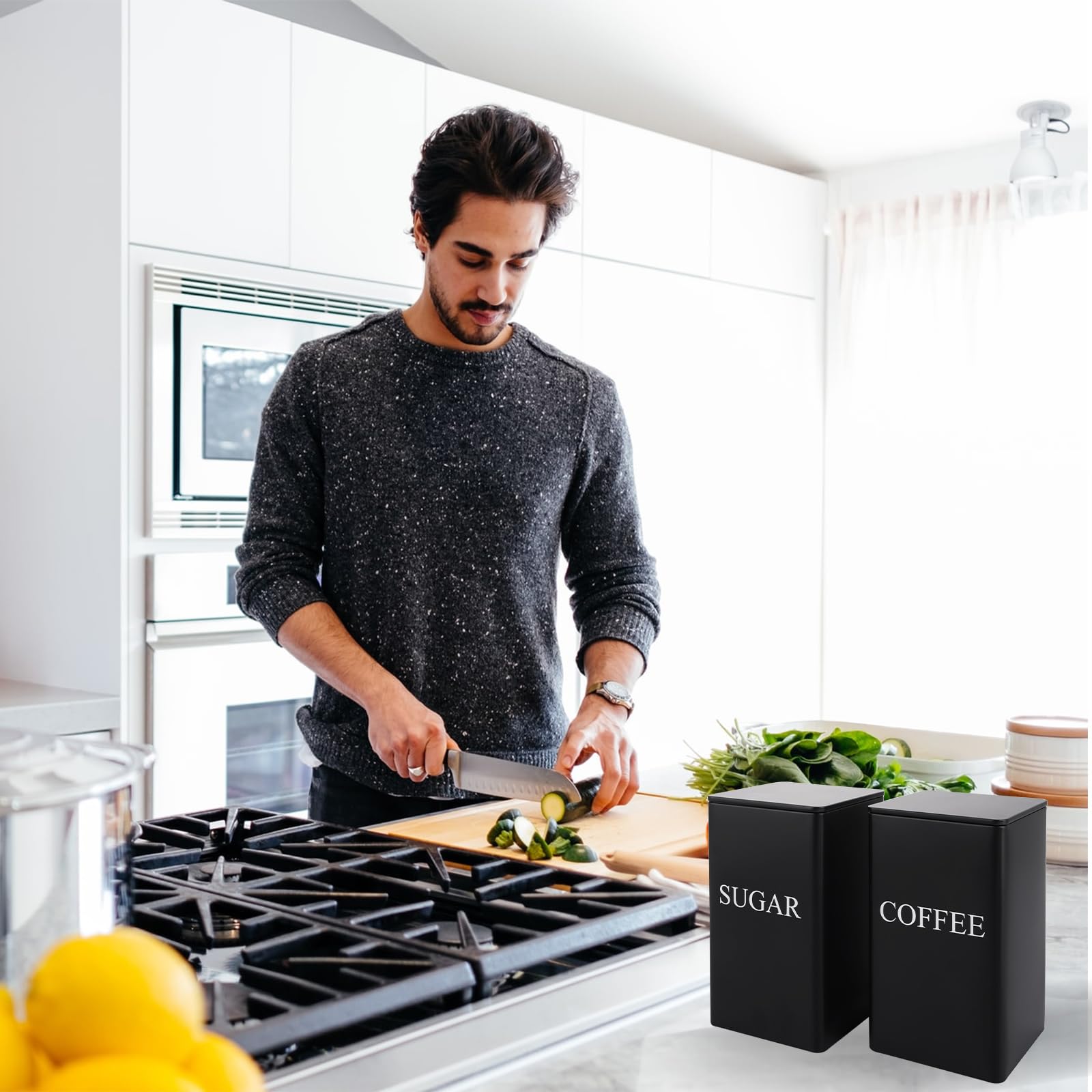 ASelected 3 Piece Metal Food Storage Canisters - Airtight & Stylish Black Canisters for Tea, Coffee, Sugar 6