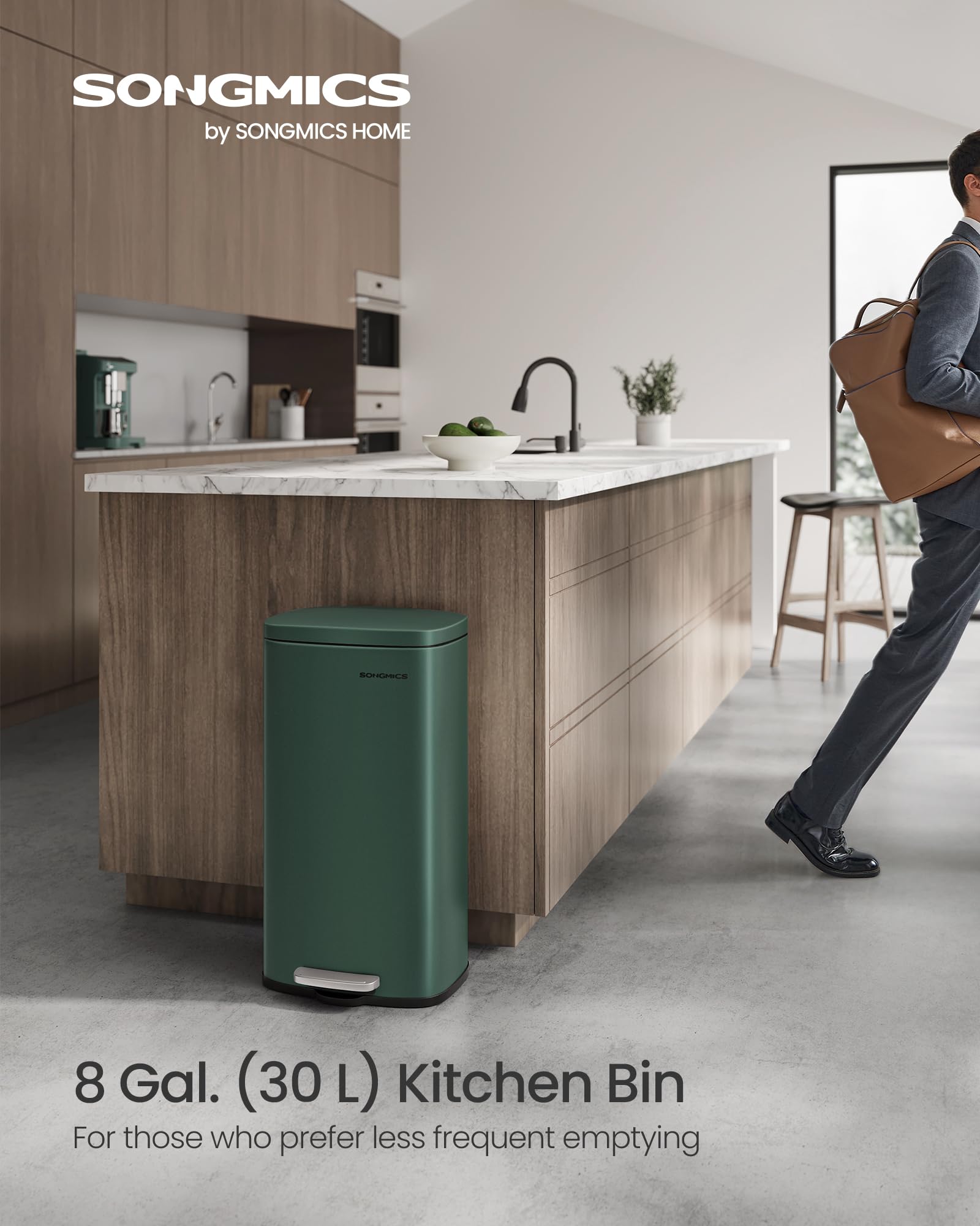 SONGMICS Kitchen Bin - 30L Pedal Rubbish Bin | Soft Close | Retro Green Steel | Inner Bucket 2