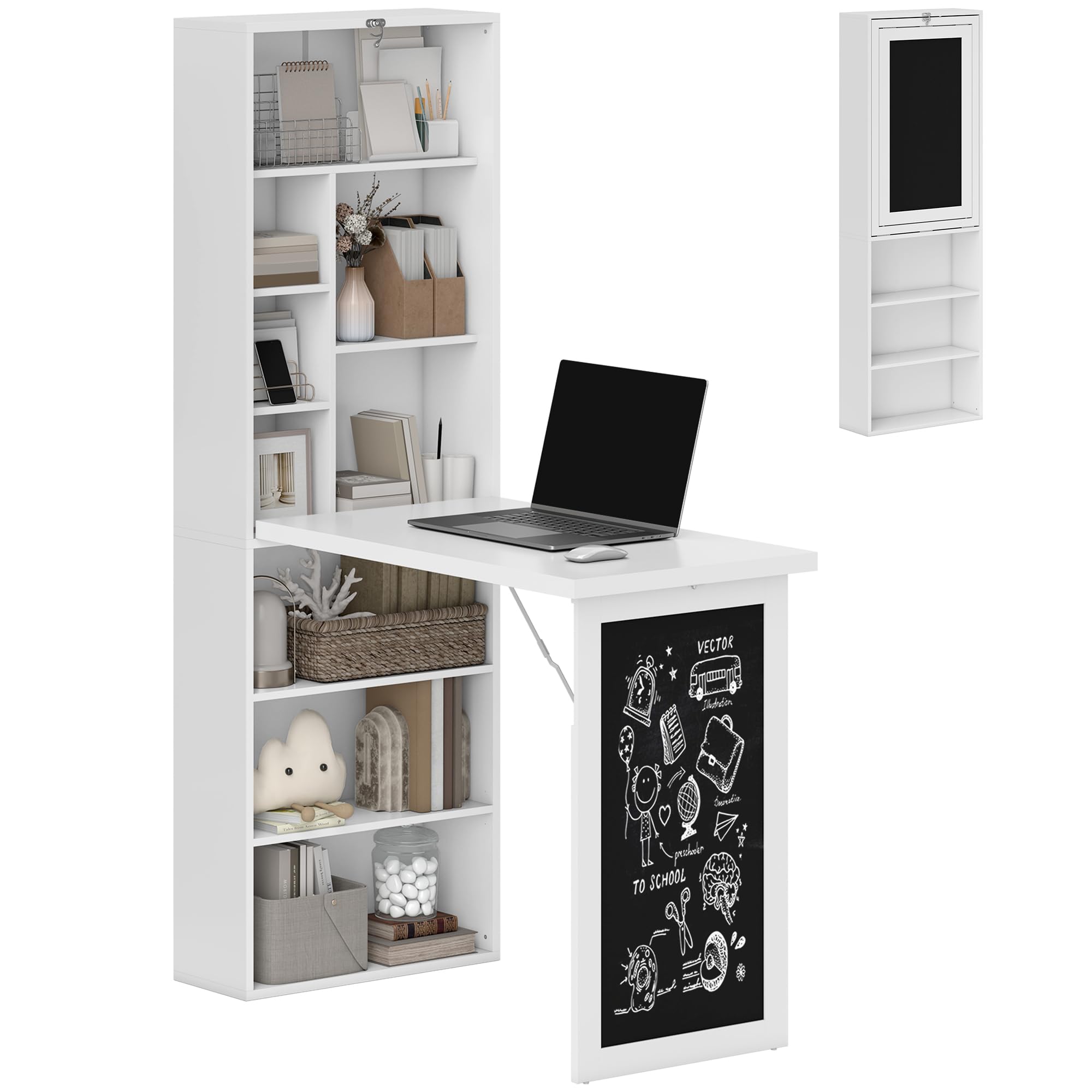 HOMCOM Wall Mounted Computer Desk - Space Saving Folding Study Table with Bookshelf | White | 98W cm