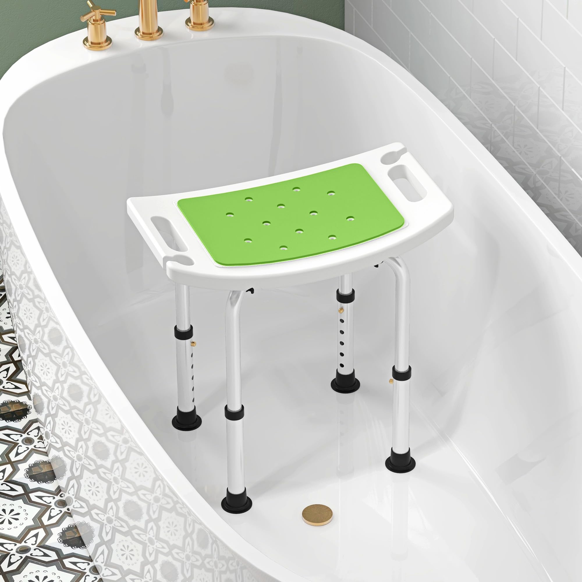HOMCOM Shower Chair - Adjustable Height (39-52cm) | Aluminium Frame | Max Load 135kg | Green 8