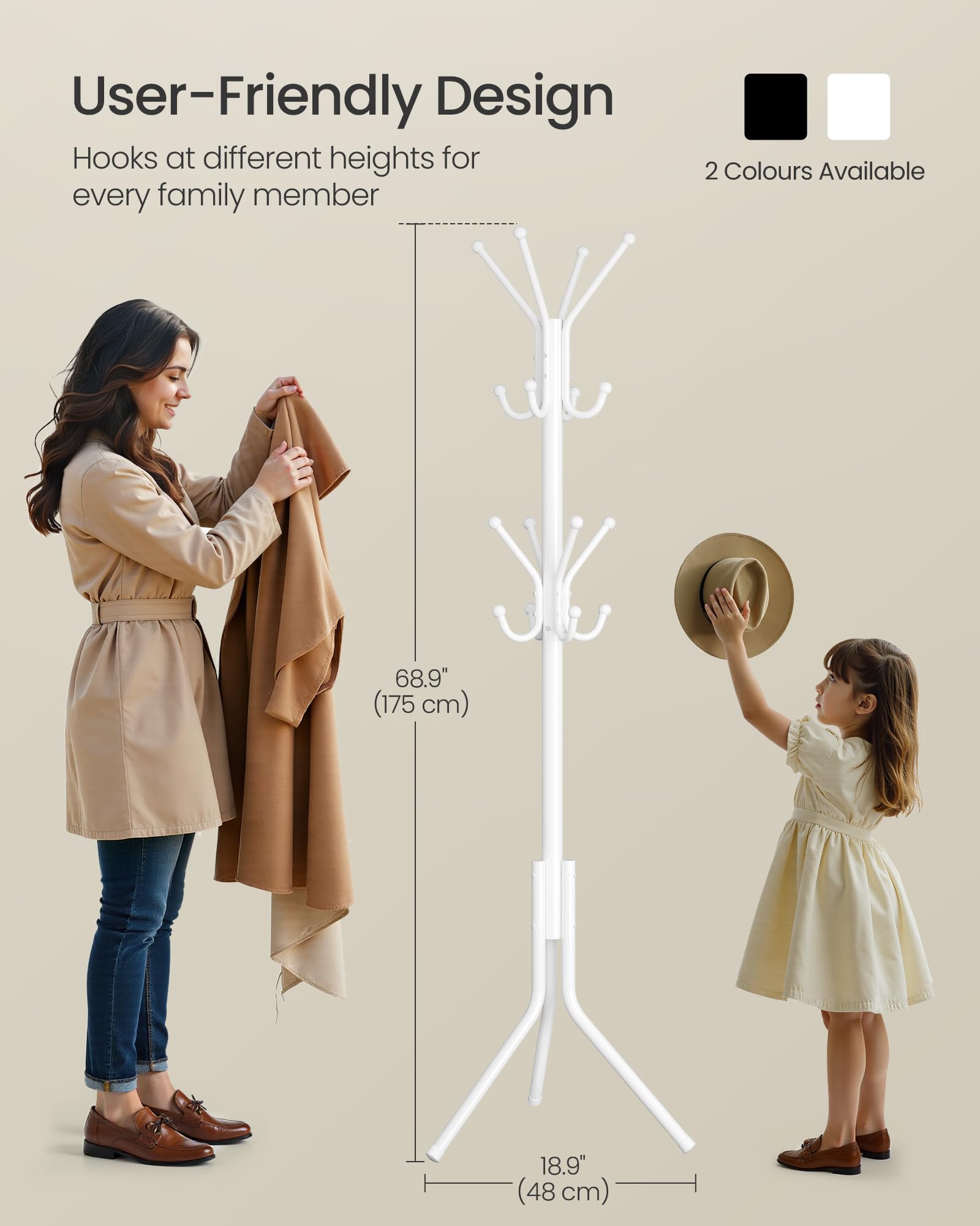 SONGMICS Freestanding Metal Coat Rack - 16 Hooks, Cloud White | 48x43x175 cm 6