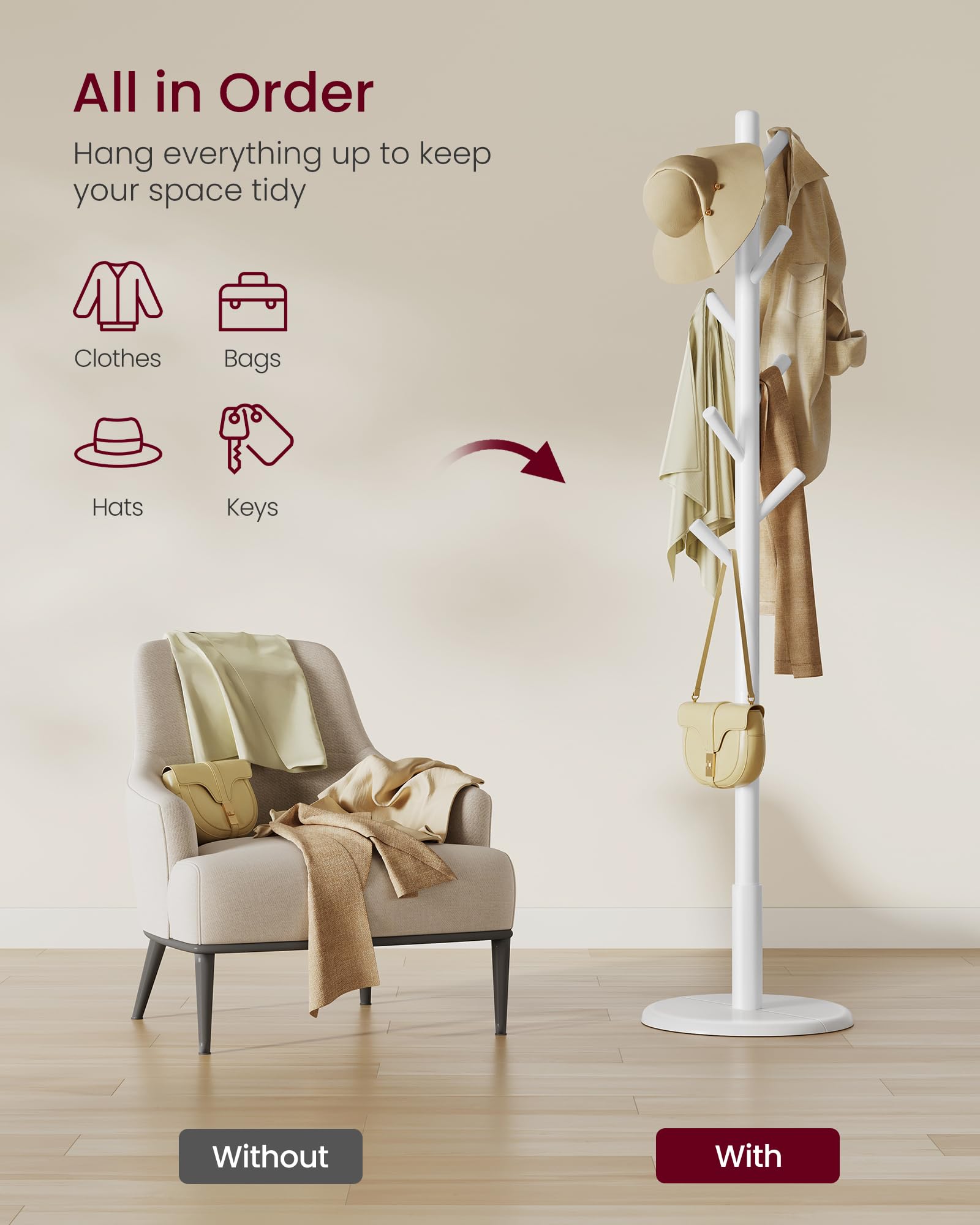 VASAGLE Solid Wood Coat Rack - Freestanding Hall Tree | Cloud White | Holds 40 kg 3