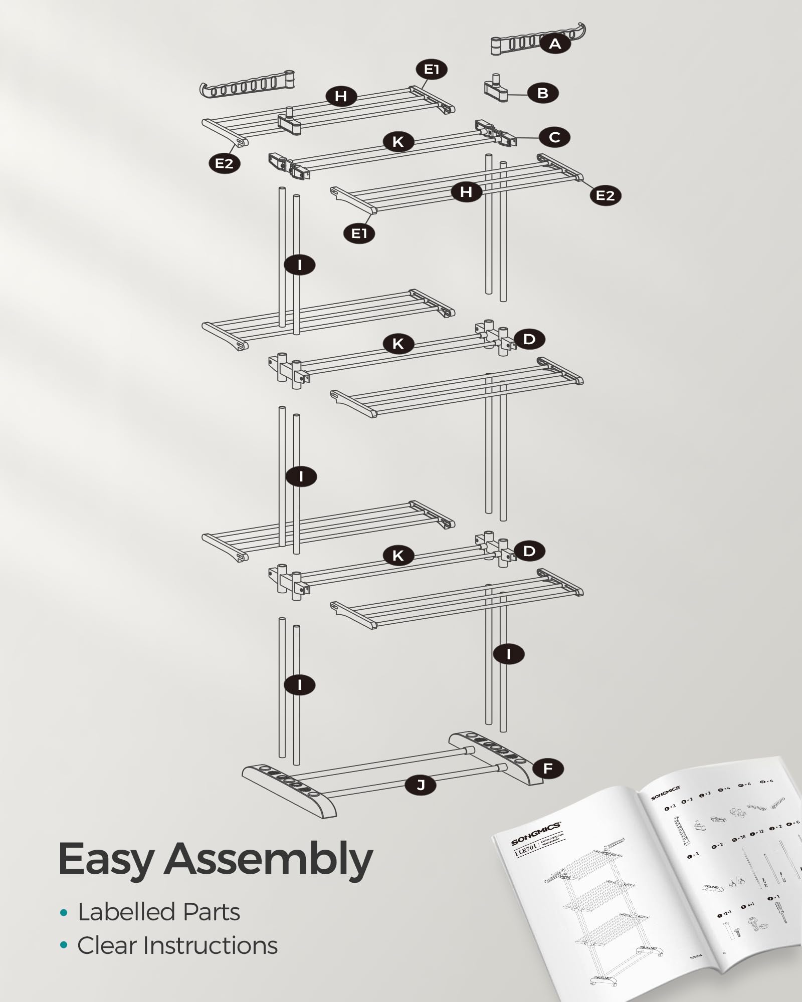 SONGMICS Large Clothes Drying Rack - 4-Tier Foldable Airer | 35 kg Capacity | Stainless Steel 8
