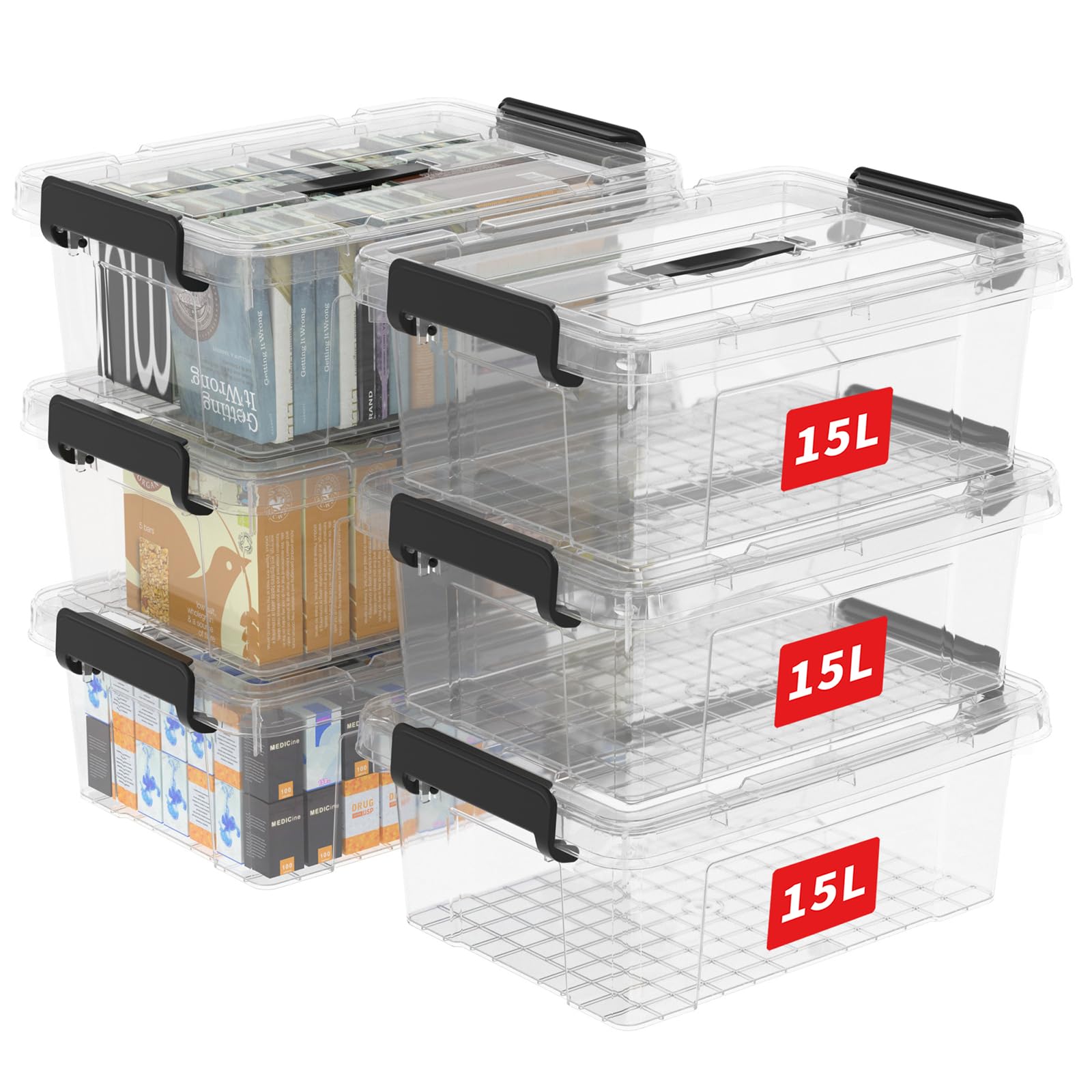 Cetomo 15L Storage Boxes with Lids, Clear Plastic Organization Totes | 6 Pack 1