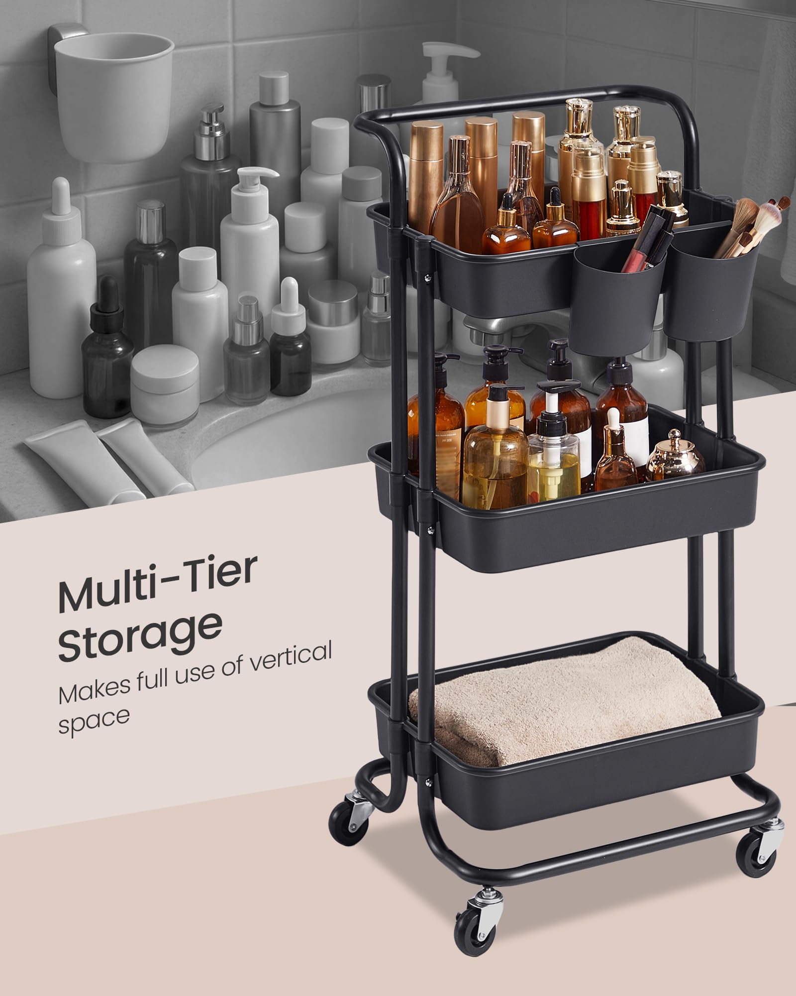 SONGMICS Rolling Cart - 3-Tier Storage with Handle | 2 Organizers | Black/White 3