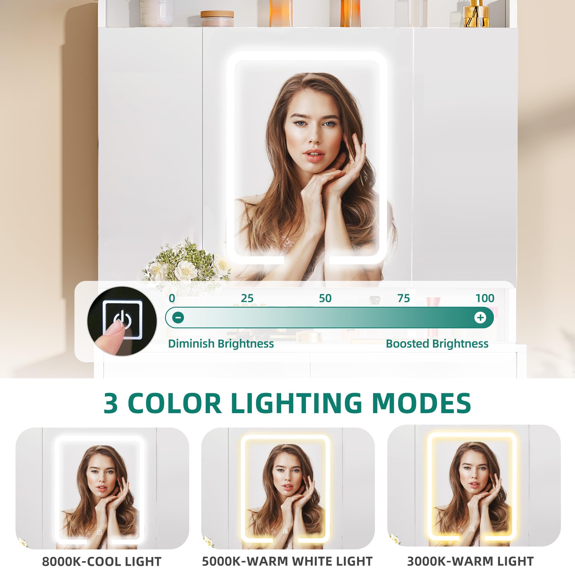 YITAHOME Dressing Table with Tri-Fold Mirror & LED Lights | White | 90 x 145 x 40 cm 6