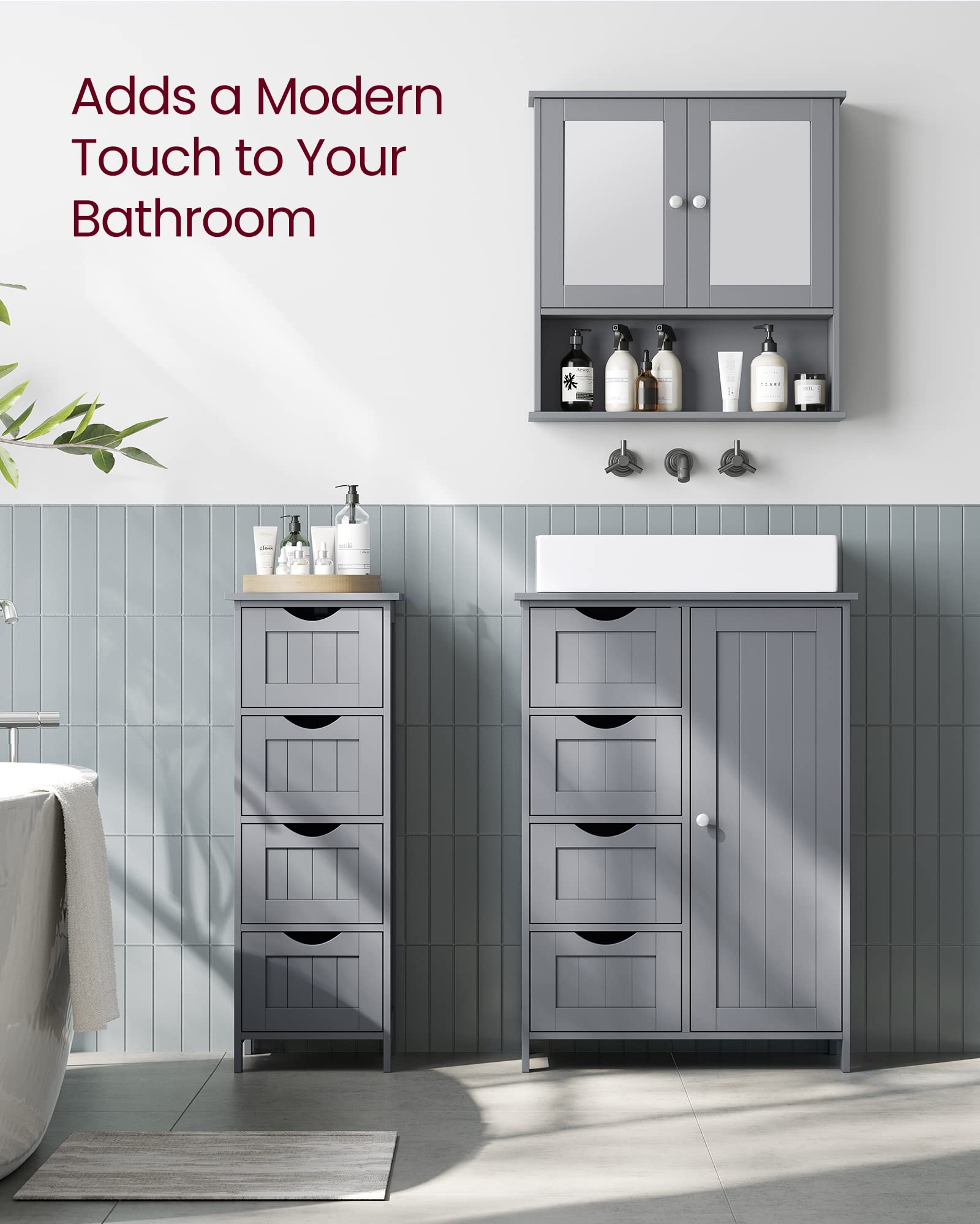 VASAGLE Bathroom Floor Storage Cabinet with 4 Drawers | Dove Grey | 30 x 55 x 82 cm 9