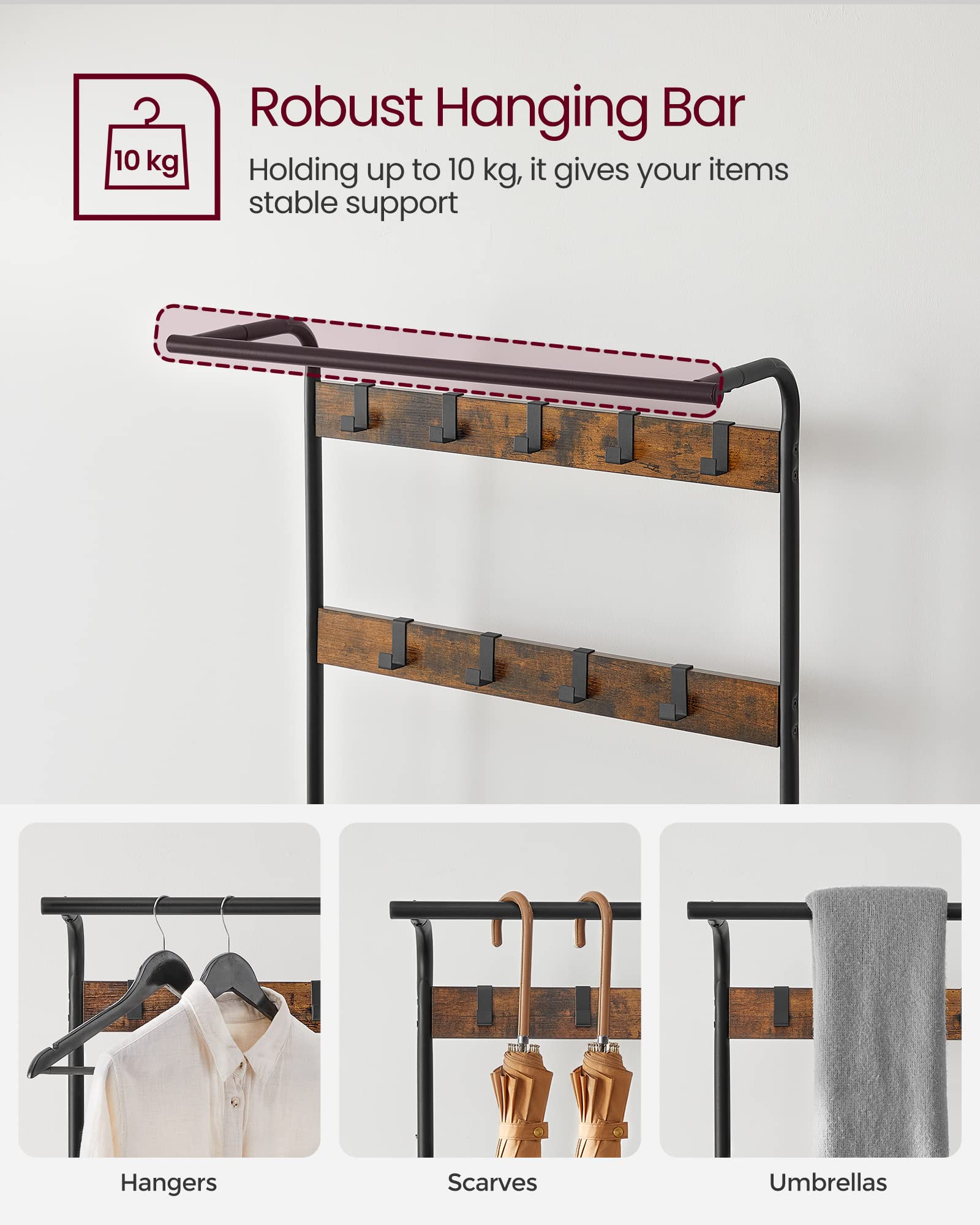 VASAGLE 4-in-1 Coat Rack with Shoe Storage Bench | 9 Removable Hooks | Industrial Style | 72 x 33.7 x 183 cm 4