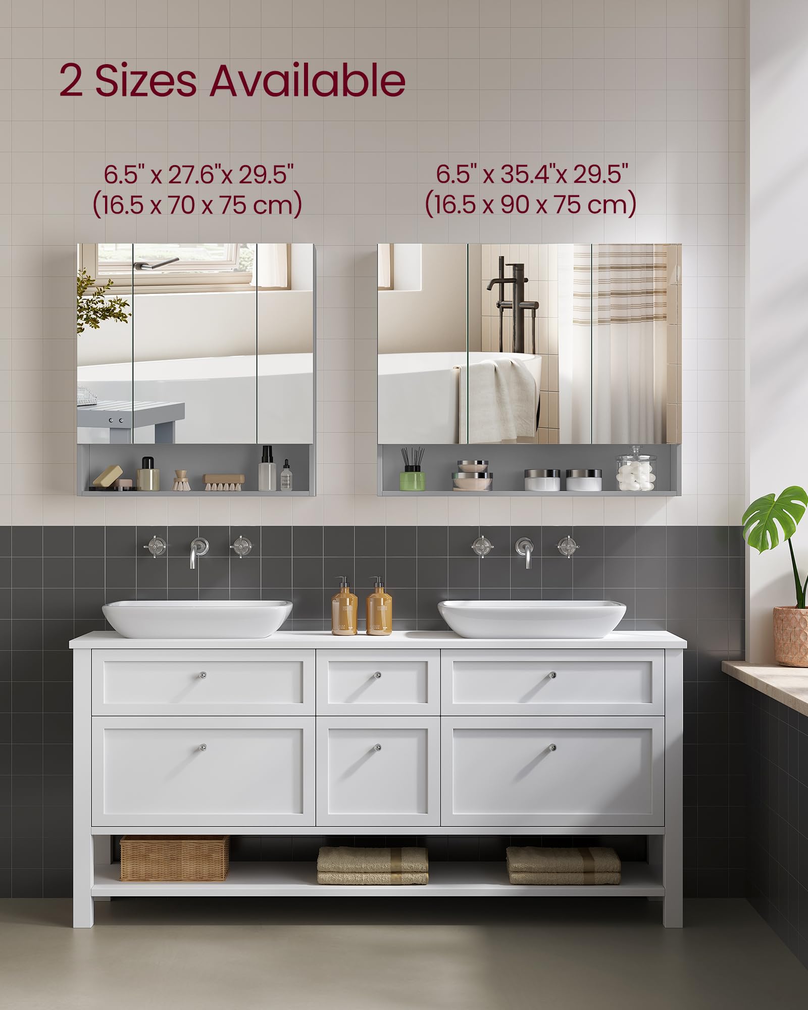 VASAGLE KAILYN Bathroom Mirror Cabinet - Dove Grey | 70W cm | Adjustable Shelves 7