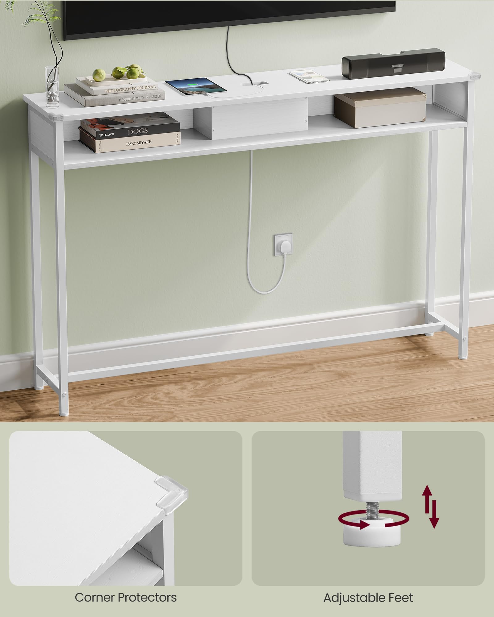VASAGLE Console Table with Charging Station - Slim Design, Snow White, 120cm Wide 8