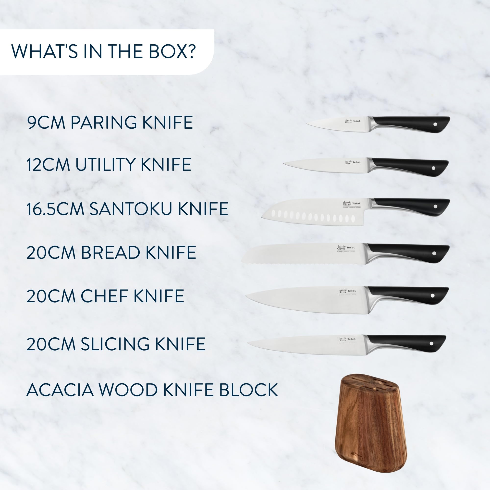 Tefal Jamie Oliver 6-Piece Kitchen Knife Set with Acacia Wood Block | German Stainless Steel