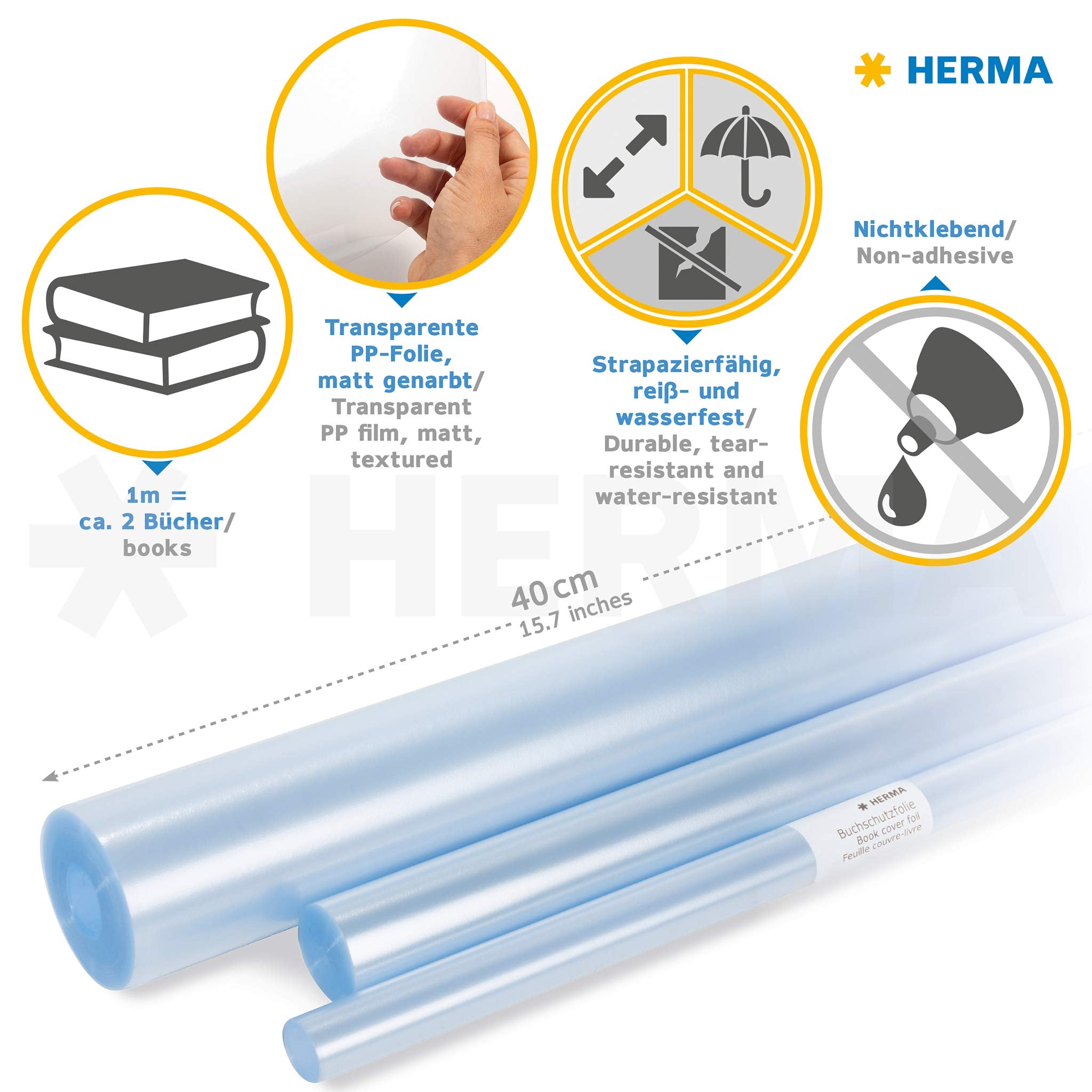 HERMA Non-Adhesive Book Cover Film Roll | Clear | 10 m x 40 cm | Archive Quality PP 7