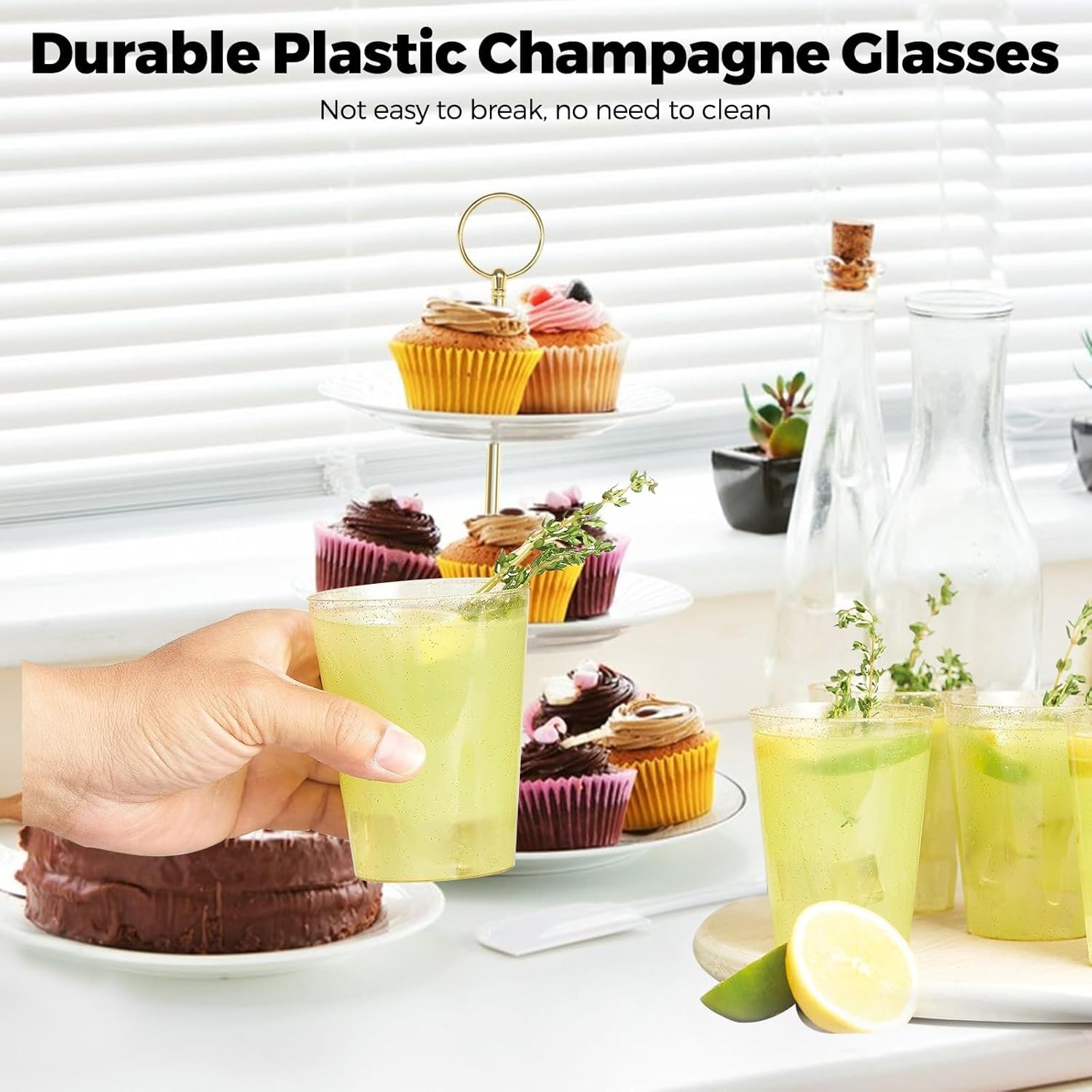 Woobroo 50 Pack Plastic Cups - 10oz (285ml) Gold Glitter Party Cups | Durable Polystyrene 4