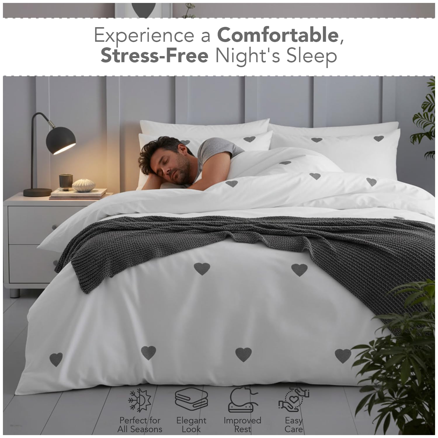 GC GAVENO CAVAILIA Luxury Polycotton Duvet Cover Set with Embroidered Heart | King Size | White/Charcoal 8
