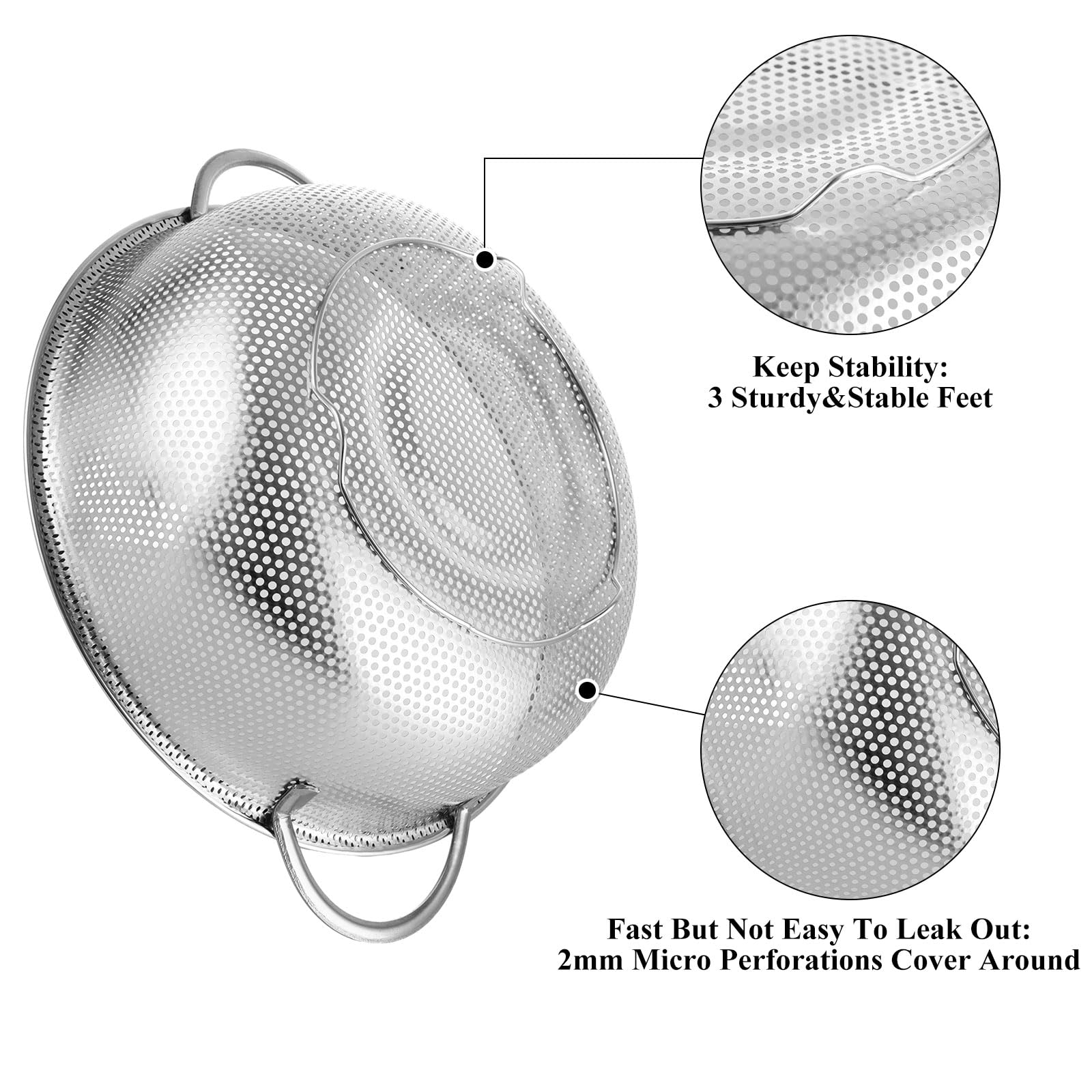ASelected Stainless Steel Colander - 22CM Diameter, Micro-Perforated, Rustproof | Silver 3