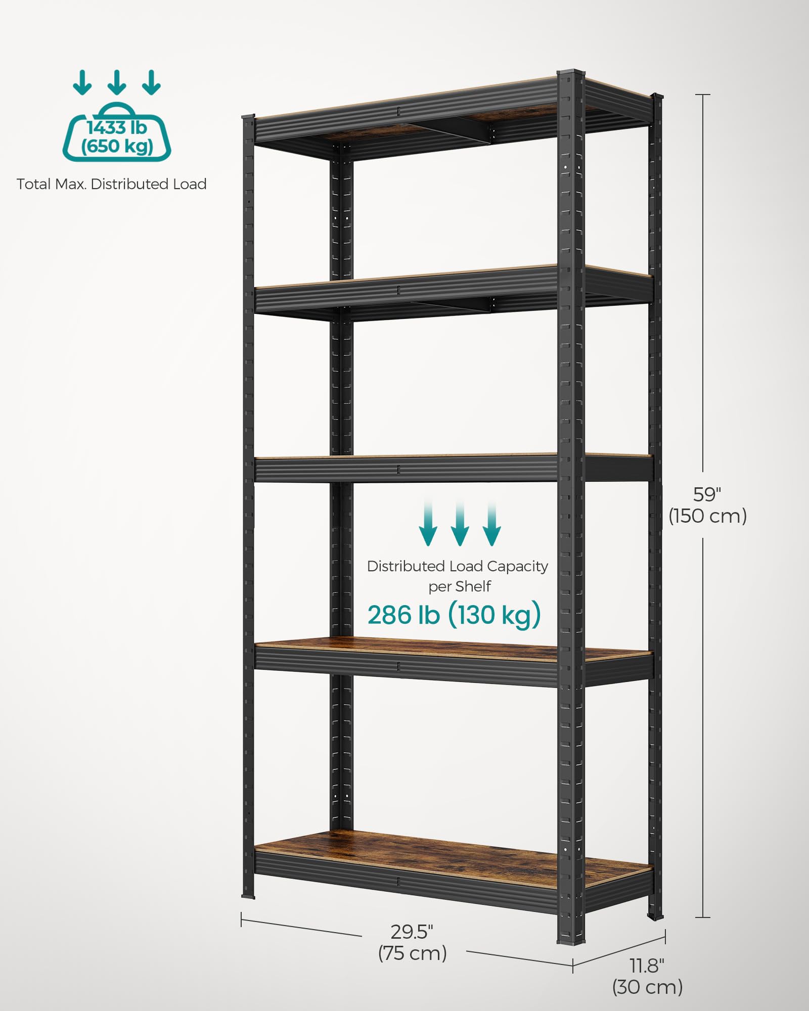 SONGMICS Shelving Unit - 650 kg Total Capacity | 30x75x150 cm | Rustic Brown & Black 3