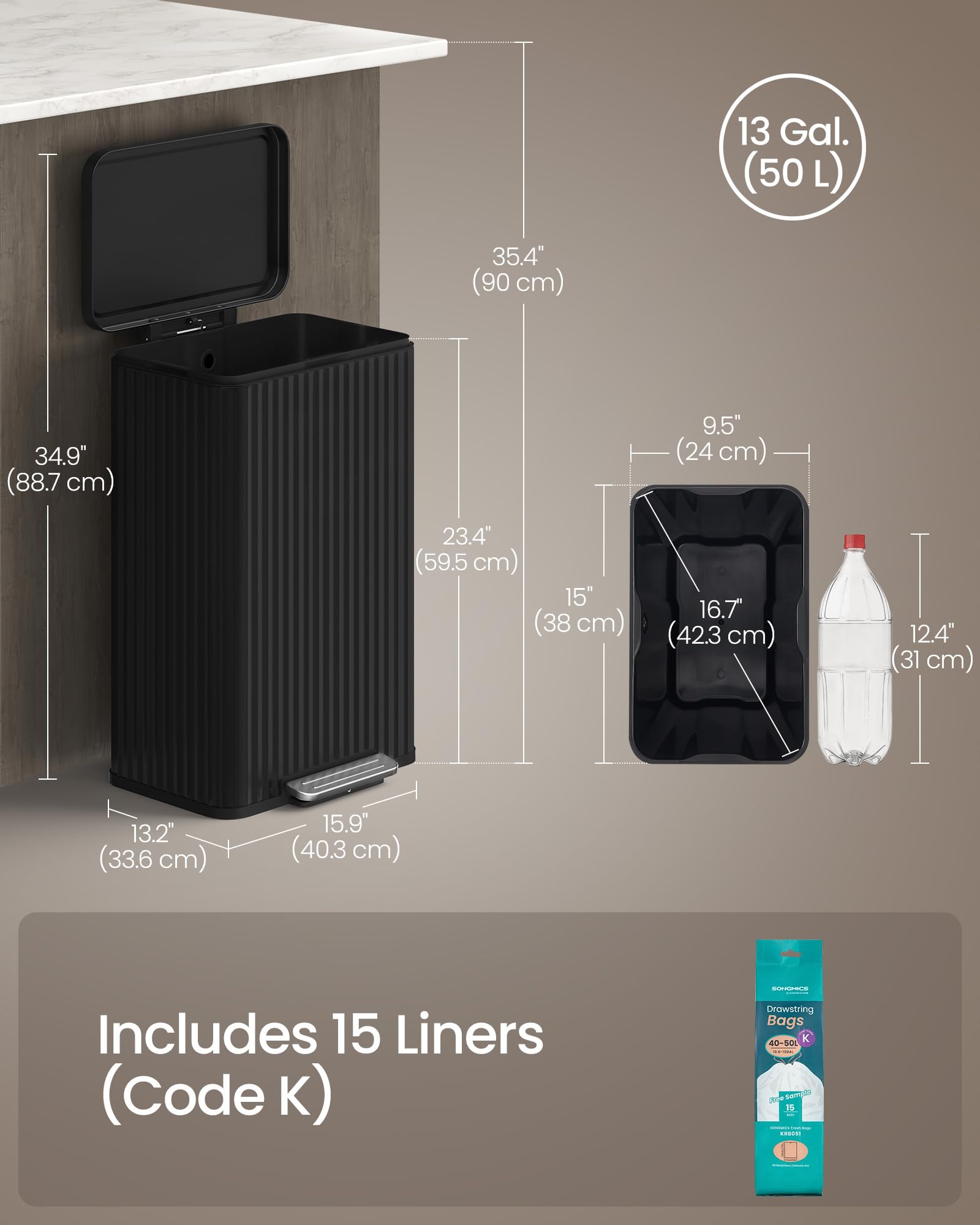 SONGMICS Kitchen Bin - 13 Gallon (50 L) Waste Bin with Pedal | Soft-Close Lid | Ink Black 5