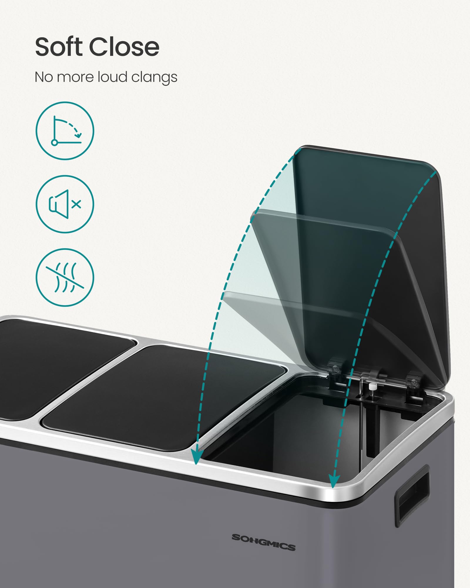 SONGMICS Kitchen Bin - 3 x 18 L Recycling Bin | Steel, Matte Grey | Soft-Close Lids 6