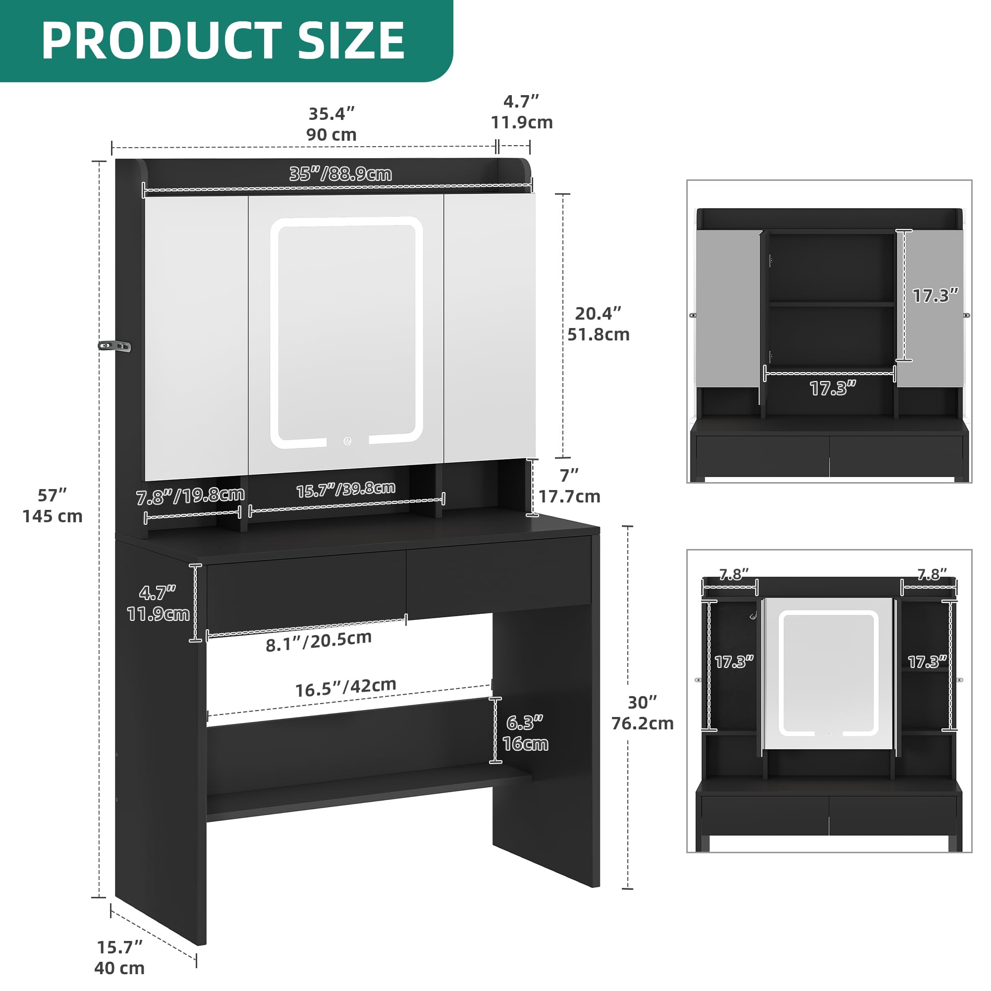 YITAHOME Dressing Table with 3 Mirrors & LED Lights | Black Finish | 90 x 145 x 40 cm 4