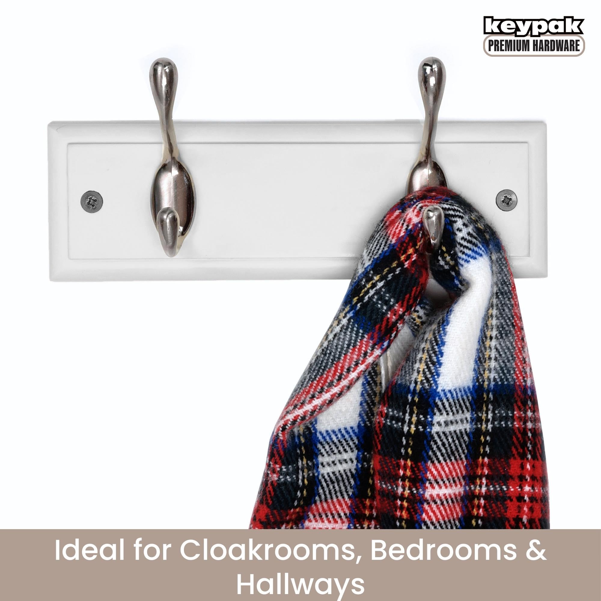 keypak 2-Hook Wall Mounted Coat Rack - White Engineered Wood Board | Satin Nickel Hooks | Fixings Included 5