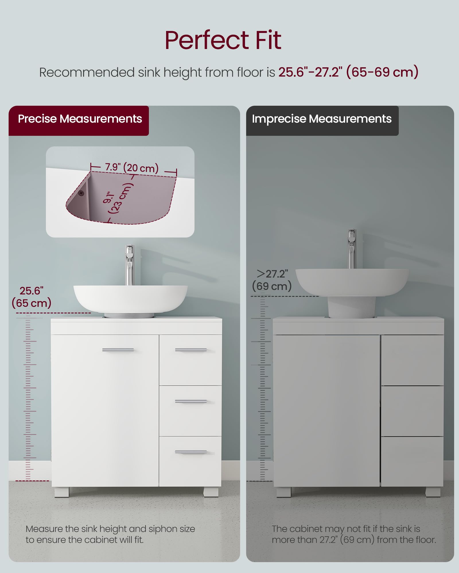 VASAGLE Under Sink Bathroom Cabinet - Cloud White | 3 Drawers | Adjustable Shelf | MDF/Particleboard 7