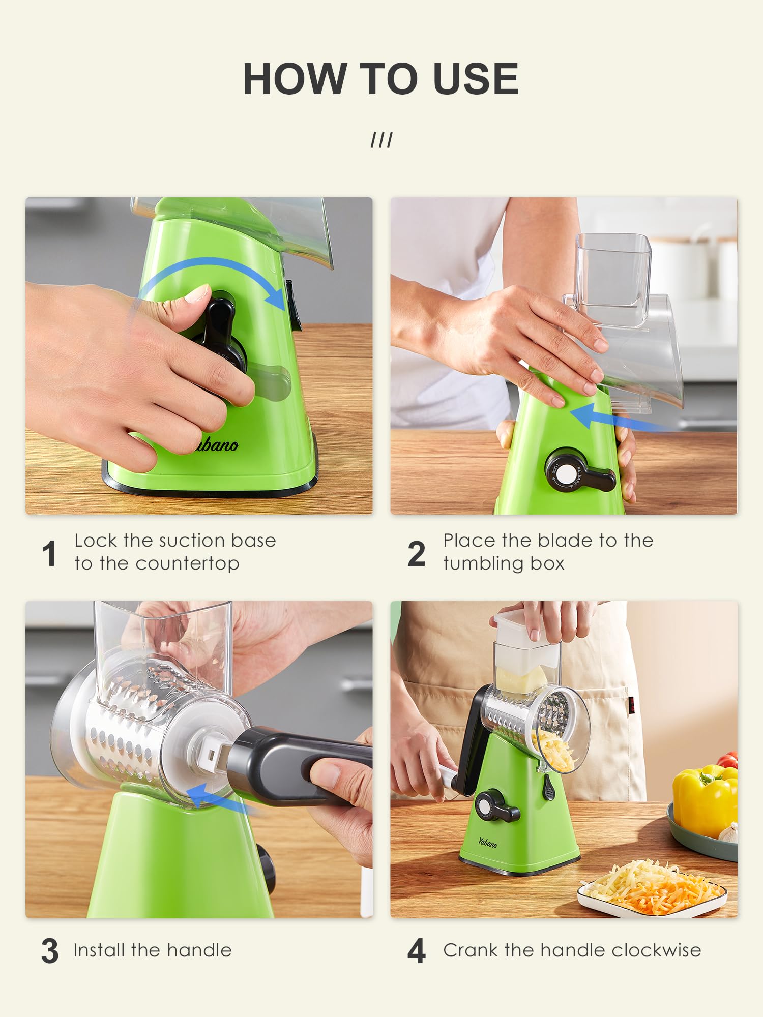 Yabano Rotary Cheese Grater - Vegetable Slicer with 3 Replaceable Stainless Steel Blades | Green 7