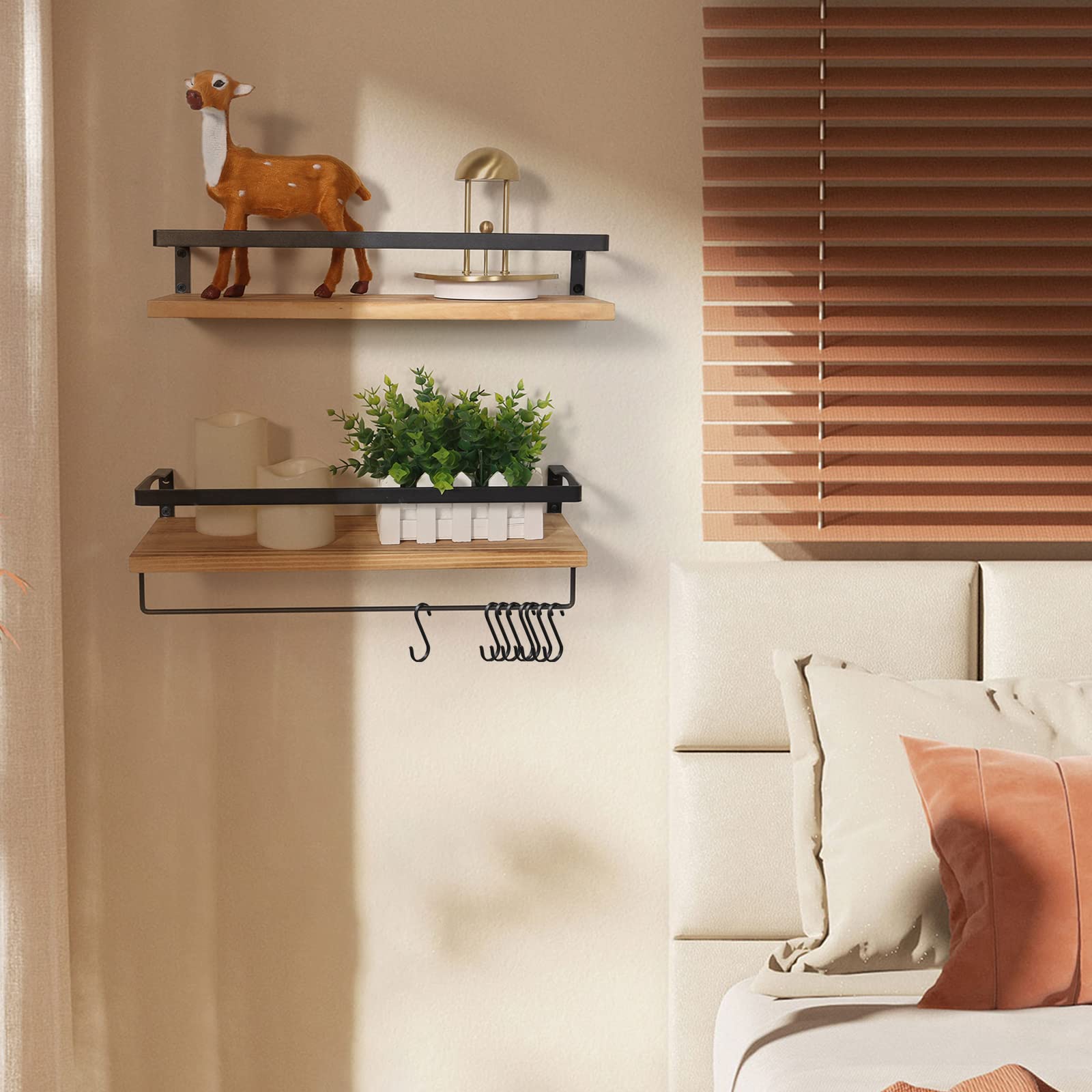 AGM Floating Shelves Wall Mounted Set of 2 Wooden Shelves for Kitchen/Bathroom Storage with Towel Bar & 8 S Hooks | Max Load 33lbs 7