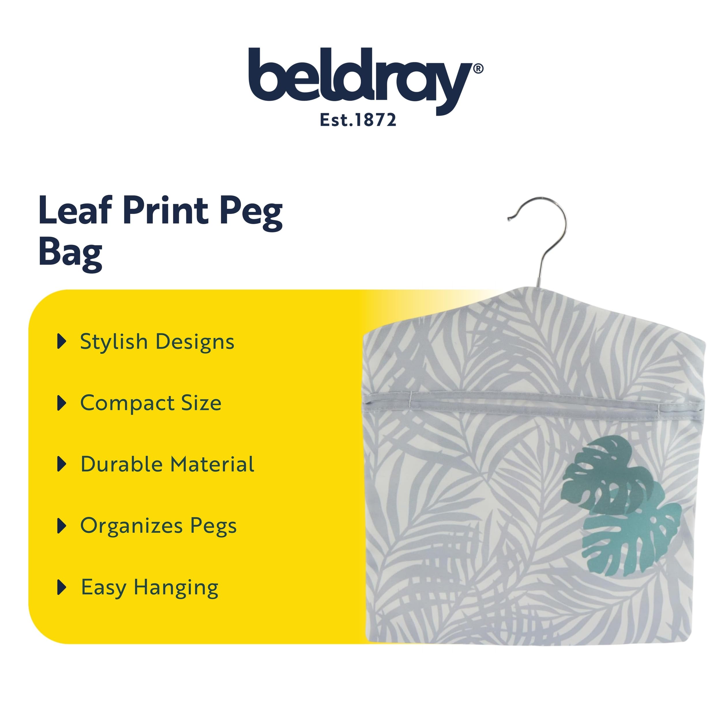 Beldray Palm Leaf Print Peg Bag - Holds up to 100 Pegs | Reusable Indoor/Outdoor Storage | 33 x 30 cm