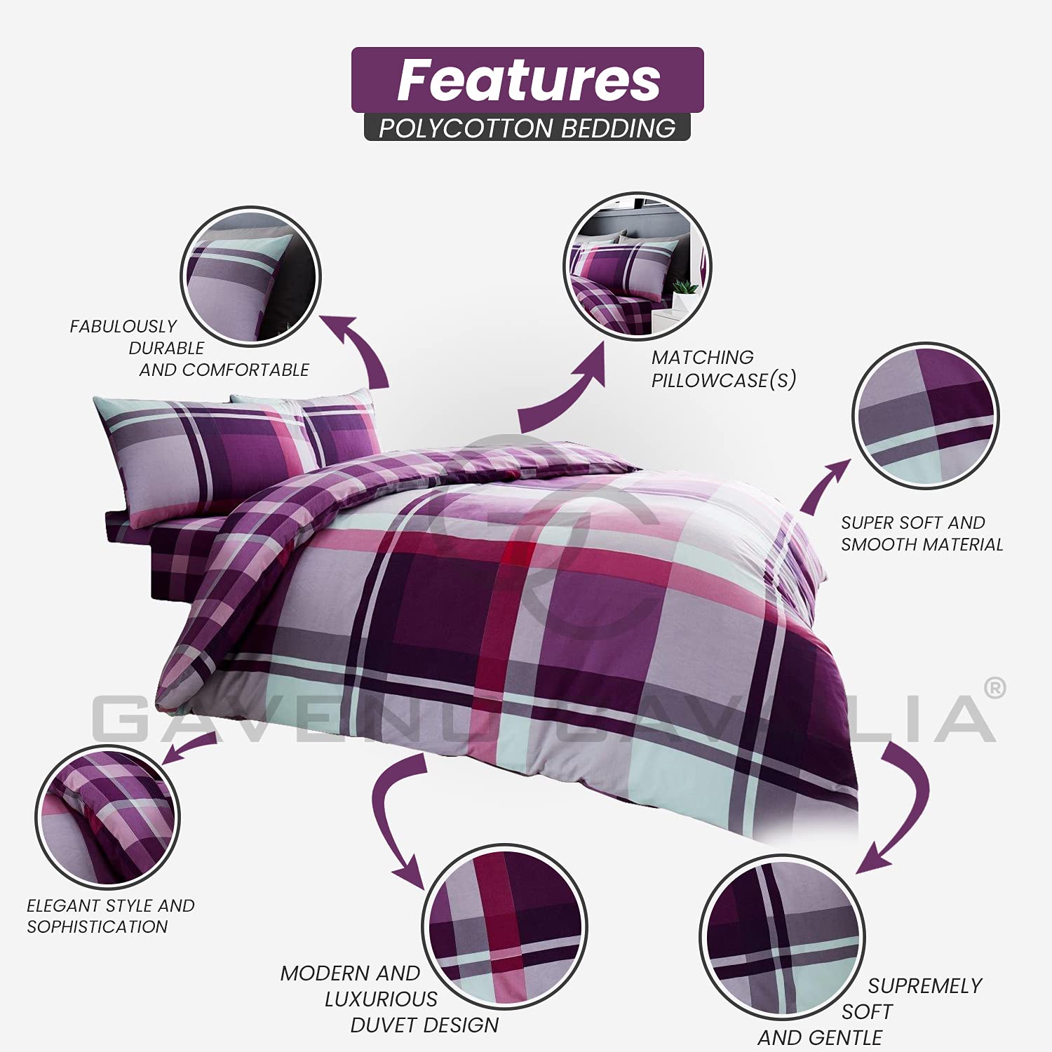 GC GAVENO CAVAILIA Checkered Polycotton Duvet Cover Set | Double Size | Purple | 50% Cotton/50% Polyester 2