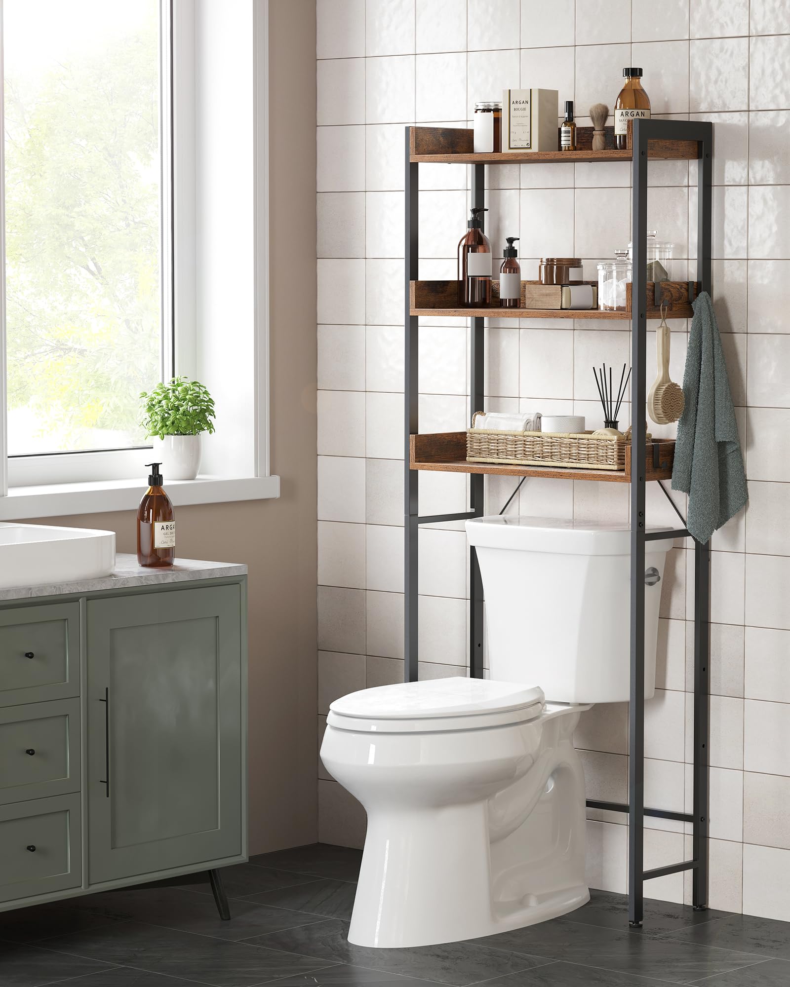 VASAGLE 3 Tier Over the Toilet Storage Shelf | Industrial Style | Rustic Brown & Black | BTS002B01